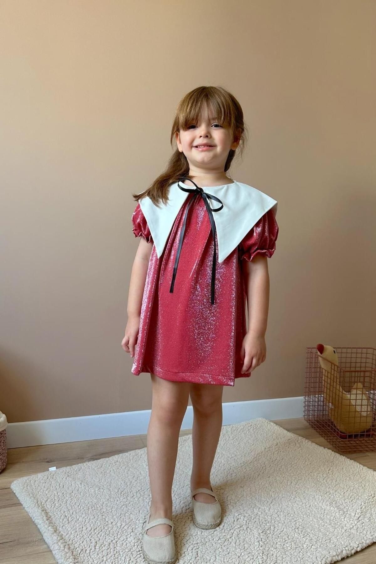 Le Mabelle Kırmızı  Simli Yaka Detaylı Kız Çocuk Elbise - Bethany