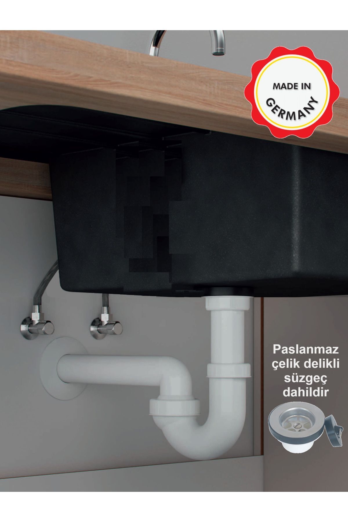 Dallmer Koku önleyici lavabo sifonu evye sifonu 100/0, süzgeçli, kolay uygulanır mafsallı 50lik çıkış borulu