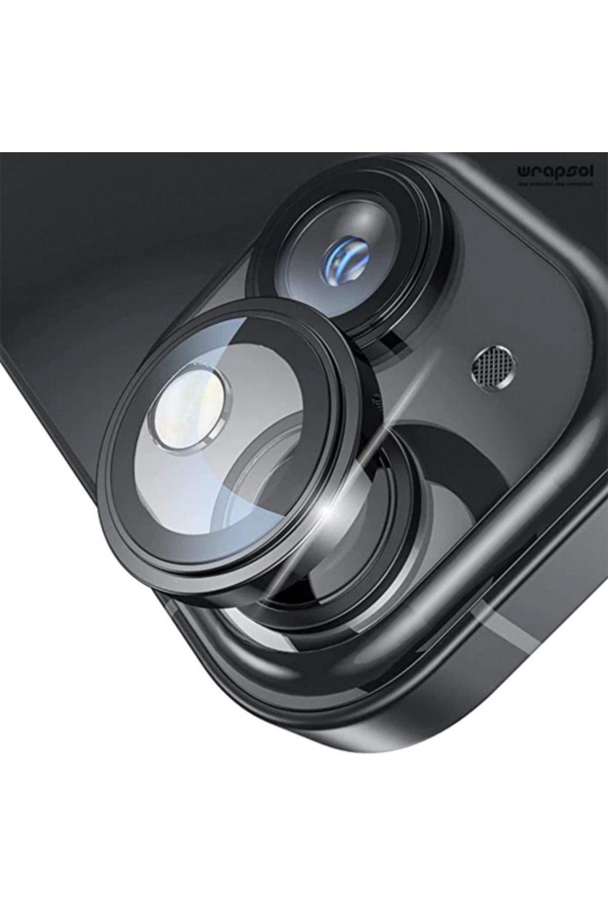 Wrapsol iPhone 15 Plus Siyah Kamera Lens Koruyucu Kolay Uygulama Aparatlı