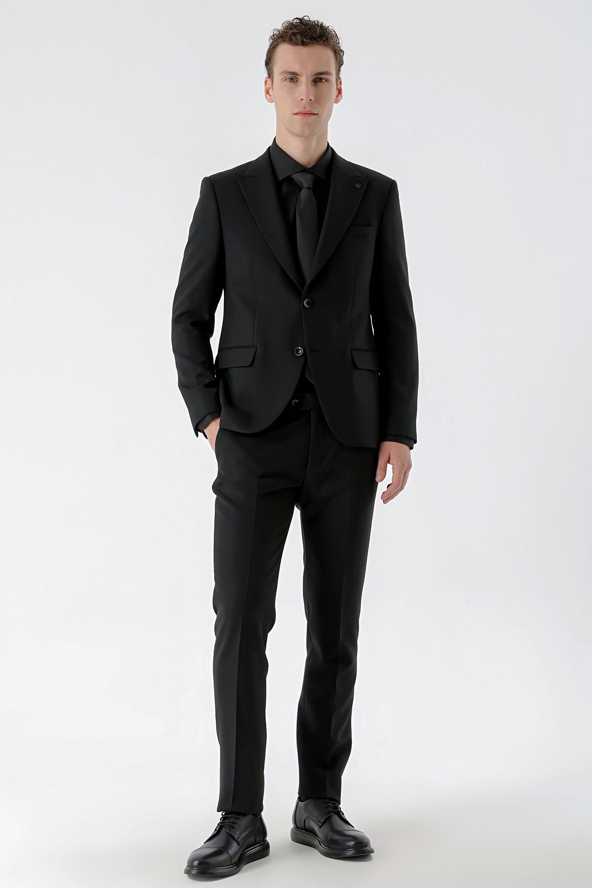Morven Erkek Siyah Basic Düz Slim Fit Takım Elbise (GÖMLEK,KRAVAT HEDİYE)