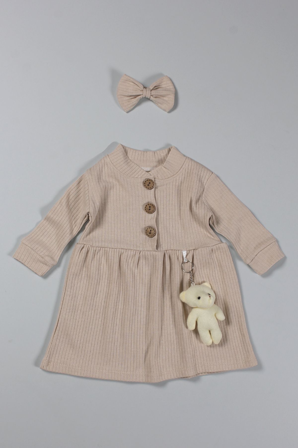 Peki Bebek 5 Al 4 Öde Çocuk Kız Pamuklu Ayıcık Figürlü Fiyonk Kıstırmalı Toka Fiyonk Kurdela Elbise 14710