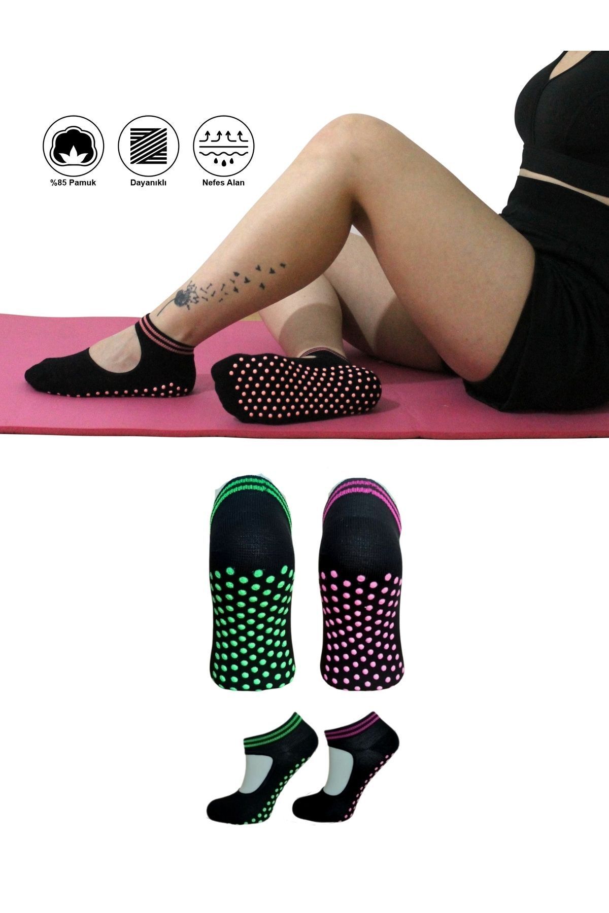 KBS 2 Çift Pamuklu Renkli Kaymaz Taban Silikon Baskılı Yoga Fitness Pilates Ve Aktivite Kadın Çorabı