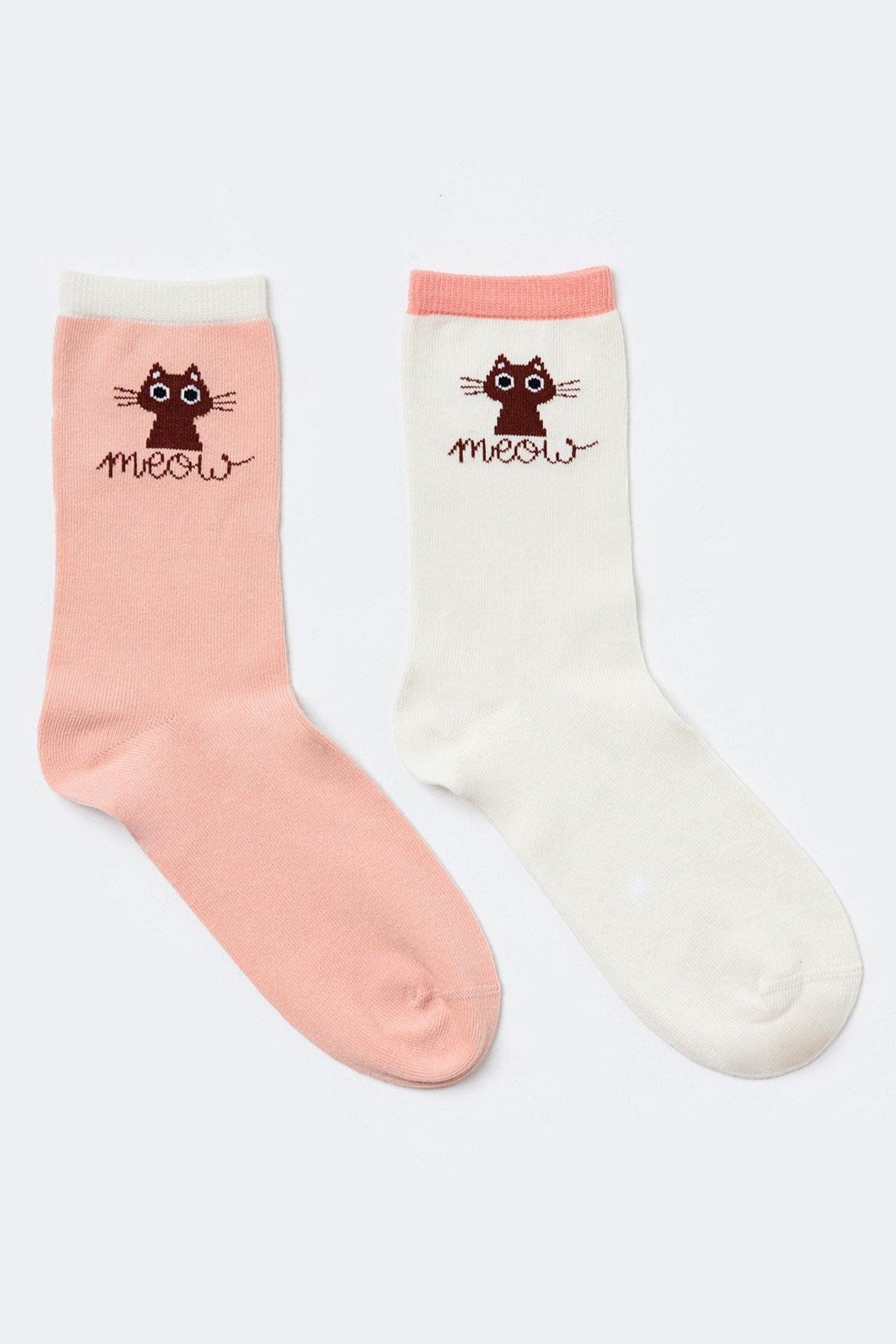 Katia & Bony 2'li Paket Meow Kadın Soket Çorap Ekru / Gül Pembe