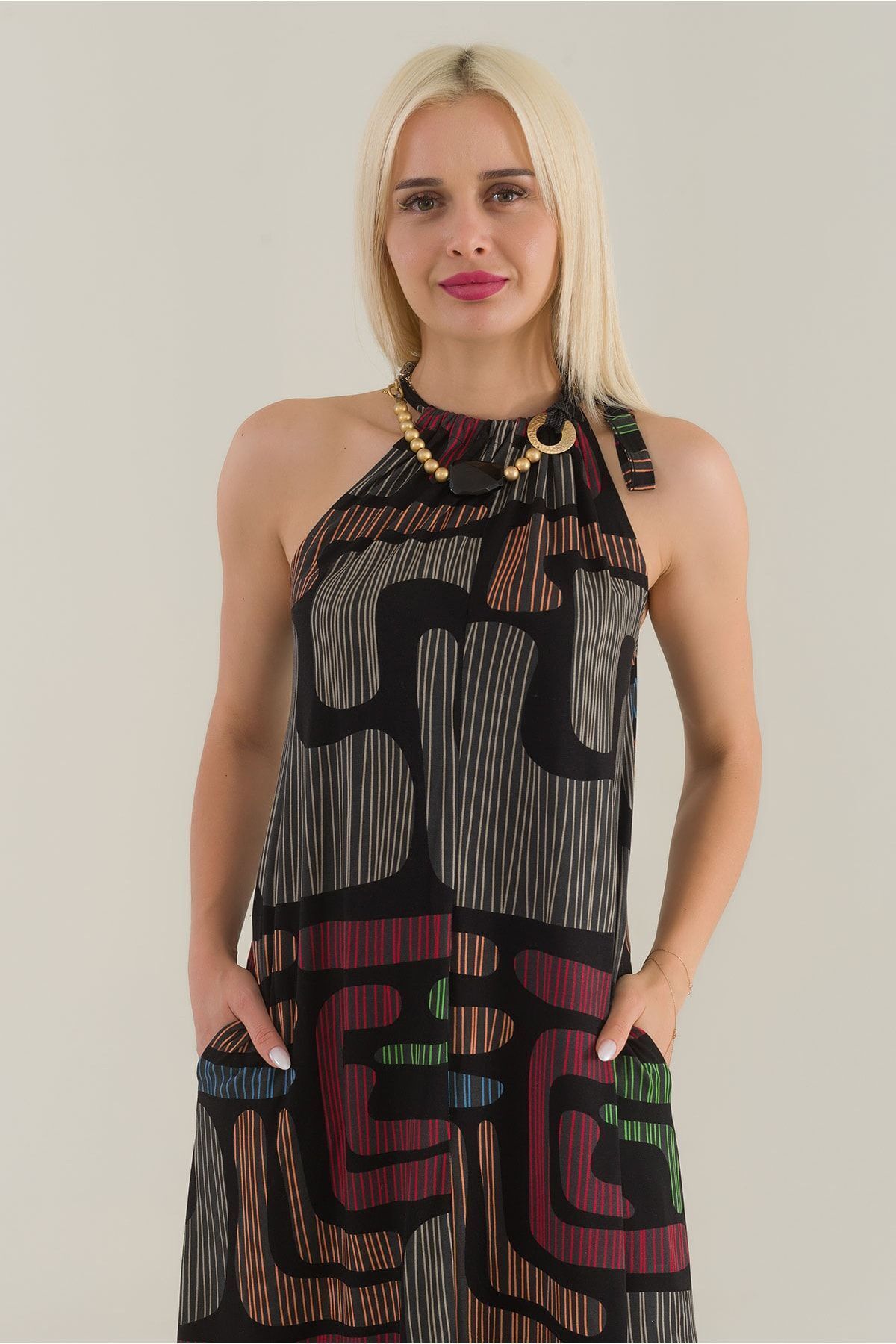 Bold & Young Kadın Geometrik Desen Boyundan Bağlamalı Cepli Digital Baskılı Likralı Pamuk Elbise