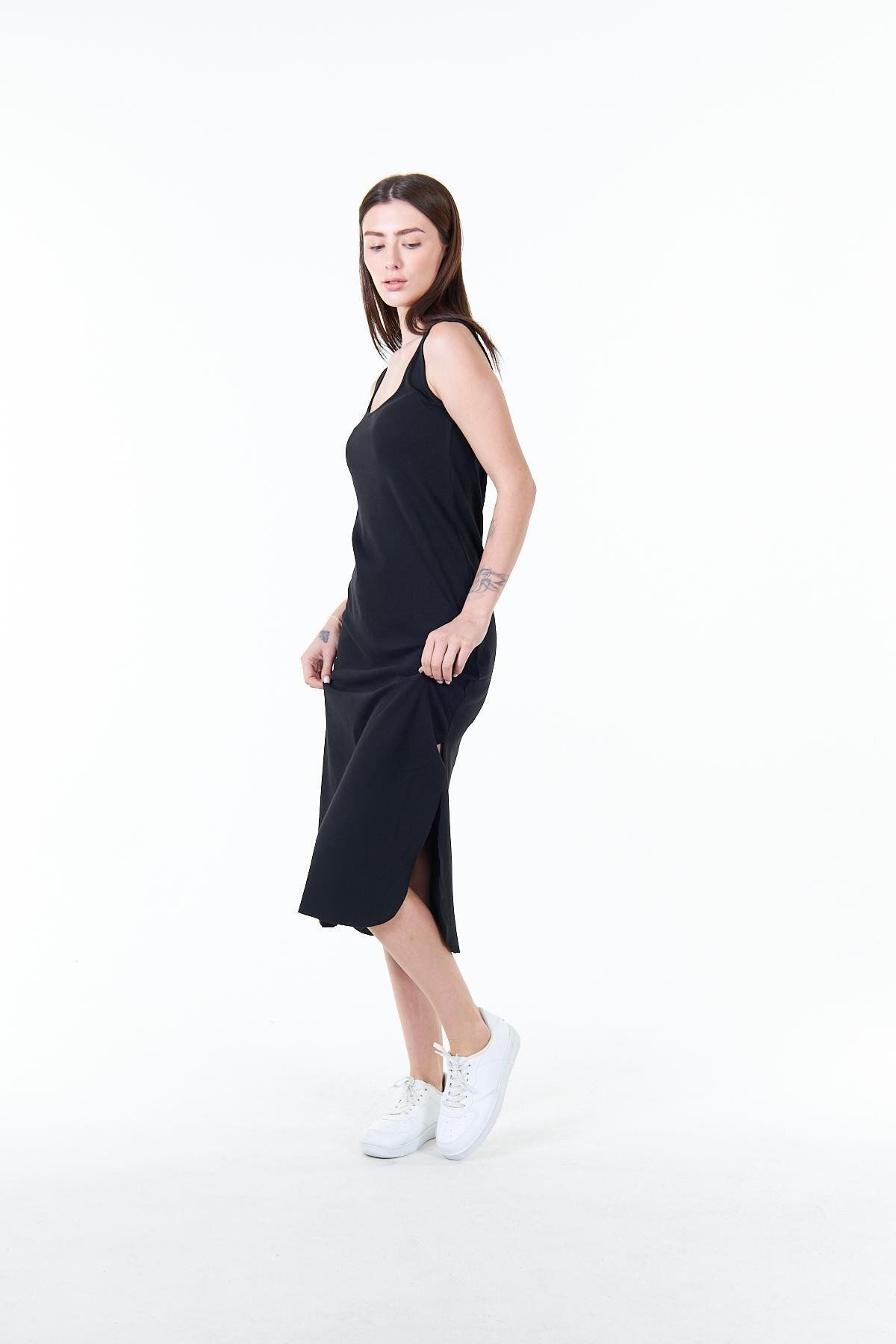 Chandraswear Siyah Kadın Yırtmaç Detaylı Midi Uzun Elbise - Barbara