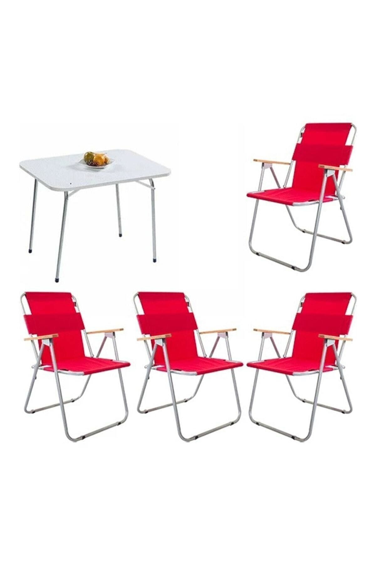Mocca Style 60x80 Katlanır Masa + 4 Adet Kırmızı Kamp Sandalyesi Katlanır Sandalye