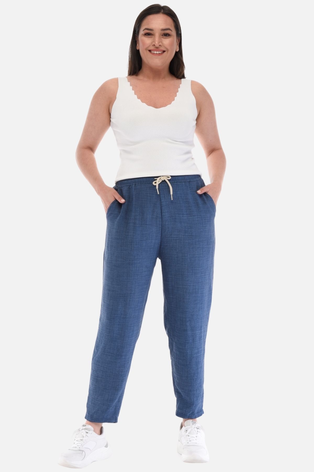 CEDY DENIM Kadın Koyu Mavi Büyük Beden Sentetik Keten Yüksek Bel Lastikli Dar Paça Mom Pantolon