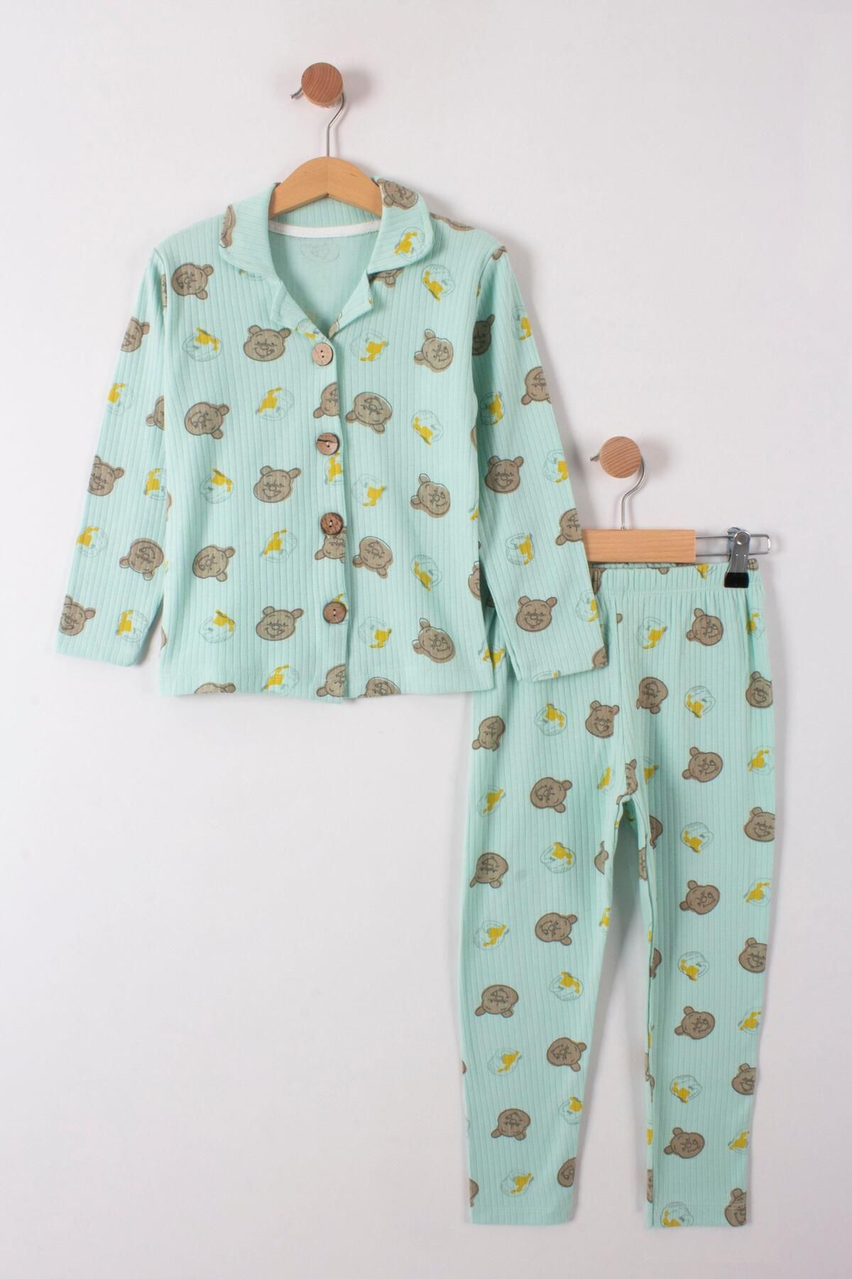 TRENDİMİZBİR Ballı Ayı Baskılı Düğme Detaylı Pijama Takımı 2 Parça