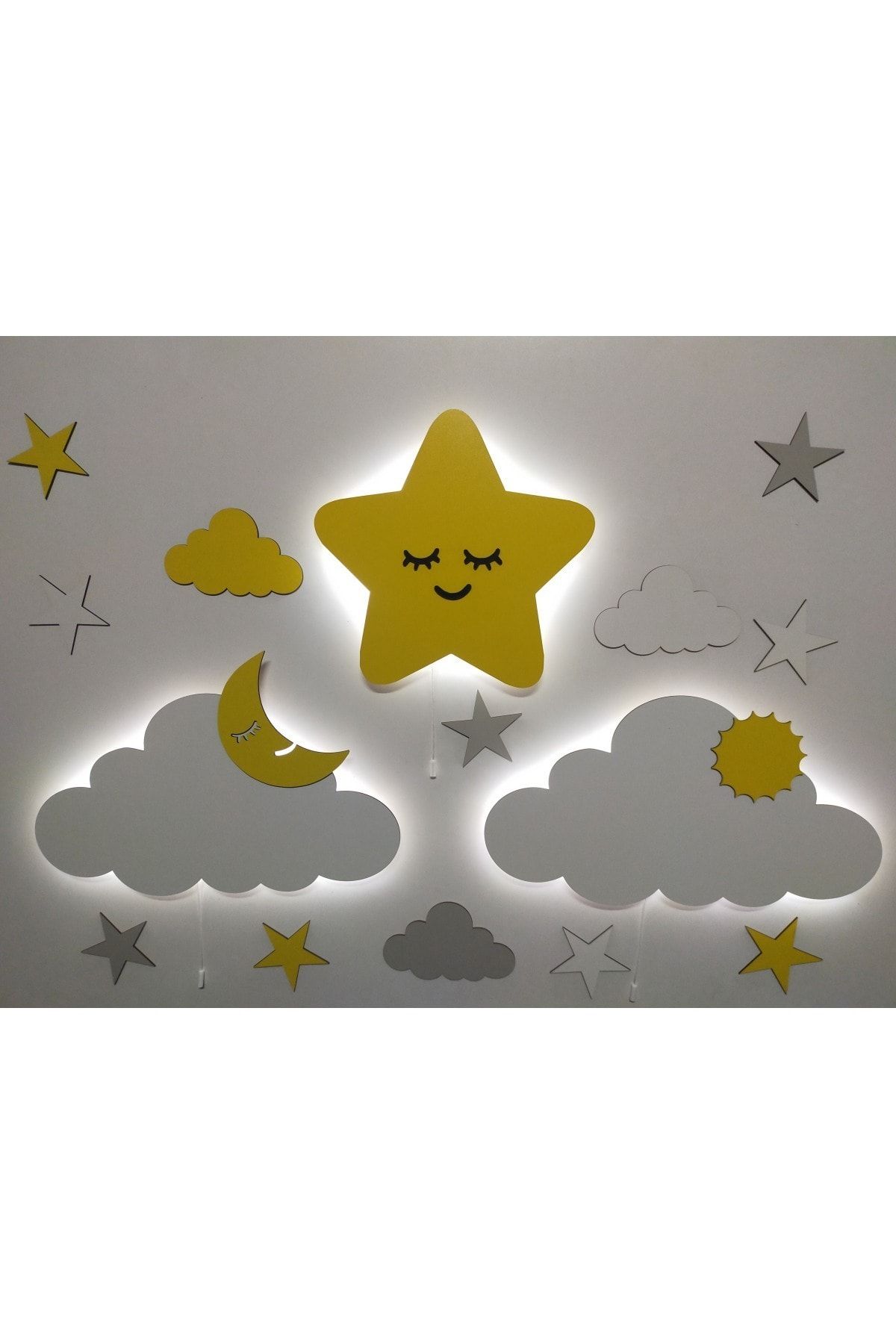 fabrikahşap Işıklı Sevimli Yıldız Bulut 2 Li Isimli Ahşap Gece Lambası Ledli Dekoratif Aydınlatma Çocuk Odası