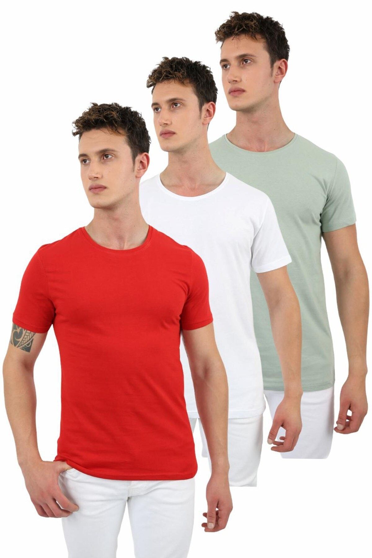 Ette Mint Beyaz Kırmızı Basic Slimfit T-shirt 3'lü Paket 4250