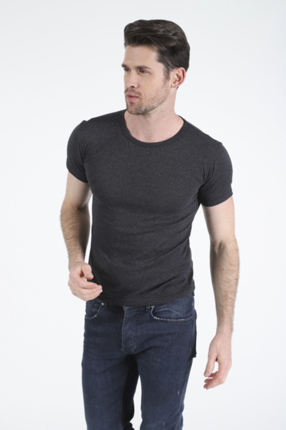 CATSPY Erkek Antrasit Basic Slim Fit Kısa Kollu T-shirt