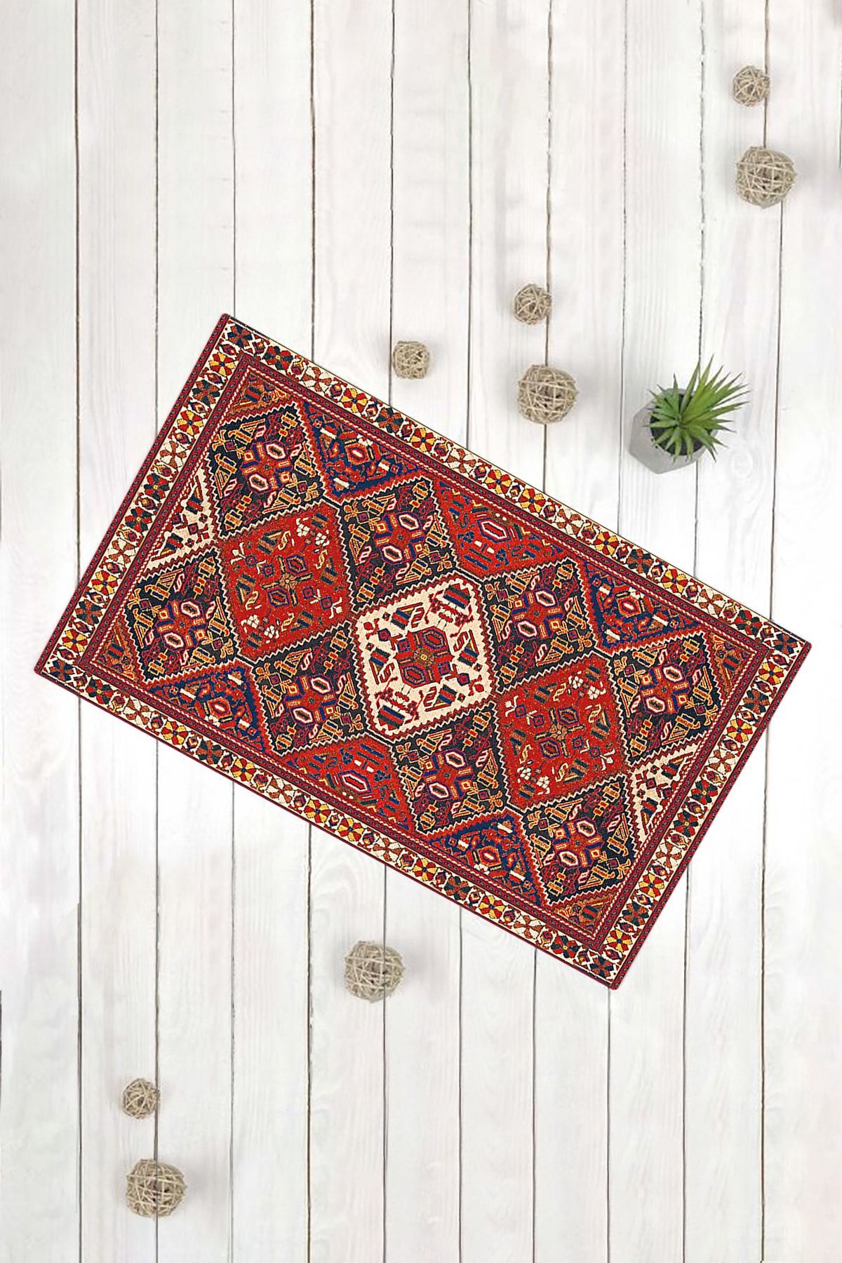 Evsebu Kilim Motif Kırmızı Lacivert Kaymaz Tabanlı Dekoratif Kilim