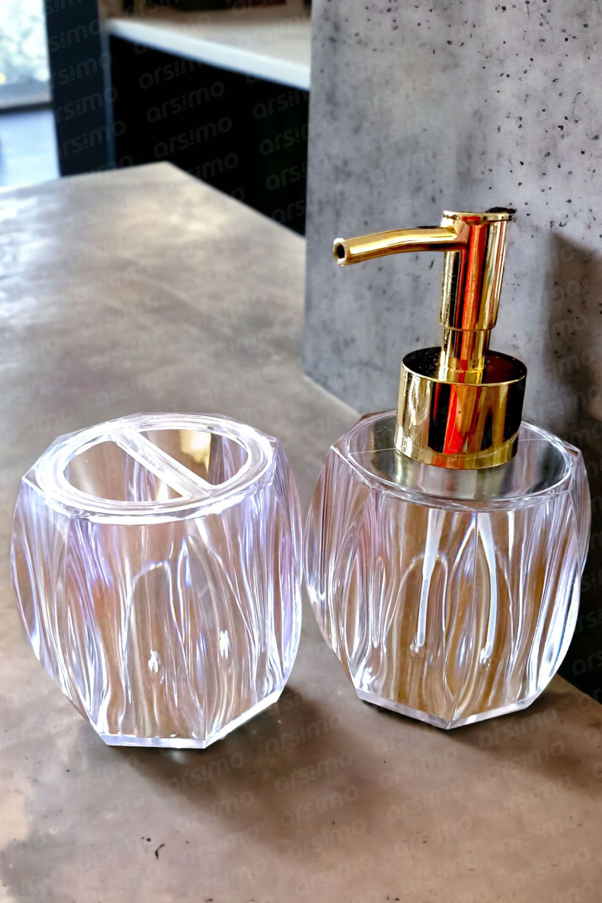 Arsimo Akrilik Gold Sıvı Sabunluk Diş Fırçalık Banyo Seti | 2'li Diş Fırça Sabun Banyo Düzenleyici Set