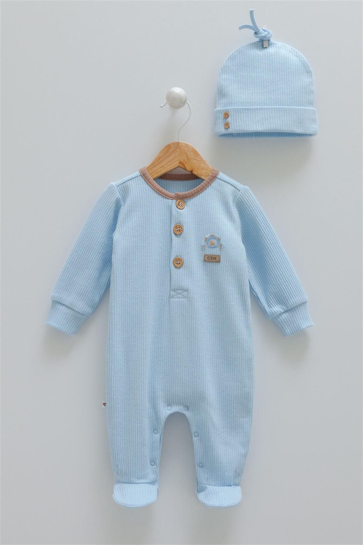 Caramell 01-12 Ay Erkek Bebek Mavi Renk Düğmeli Tulum Set