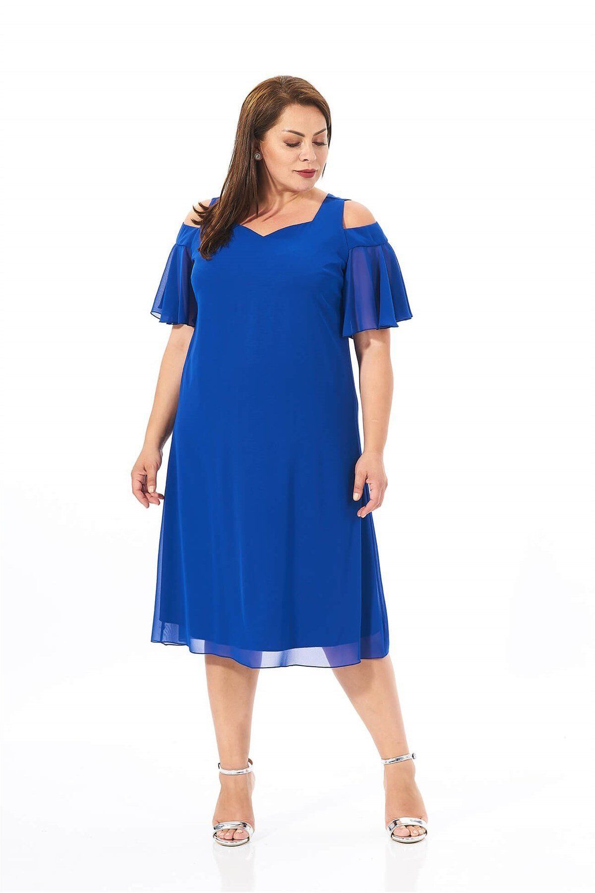 LİLAS XXL Büyük Beden Saks Mavisi Renkli Omuz Detaylı Şifon Abiye Elbise