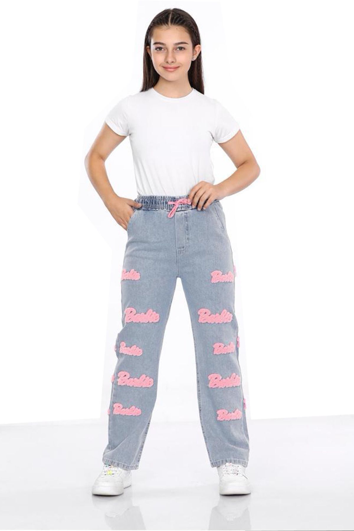Asortik Kids Kız Çocuk Barbie Nakışlı Komple Bel Lastikli Bol Kesim Kot Jean Pantolon