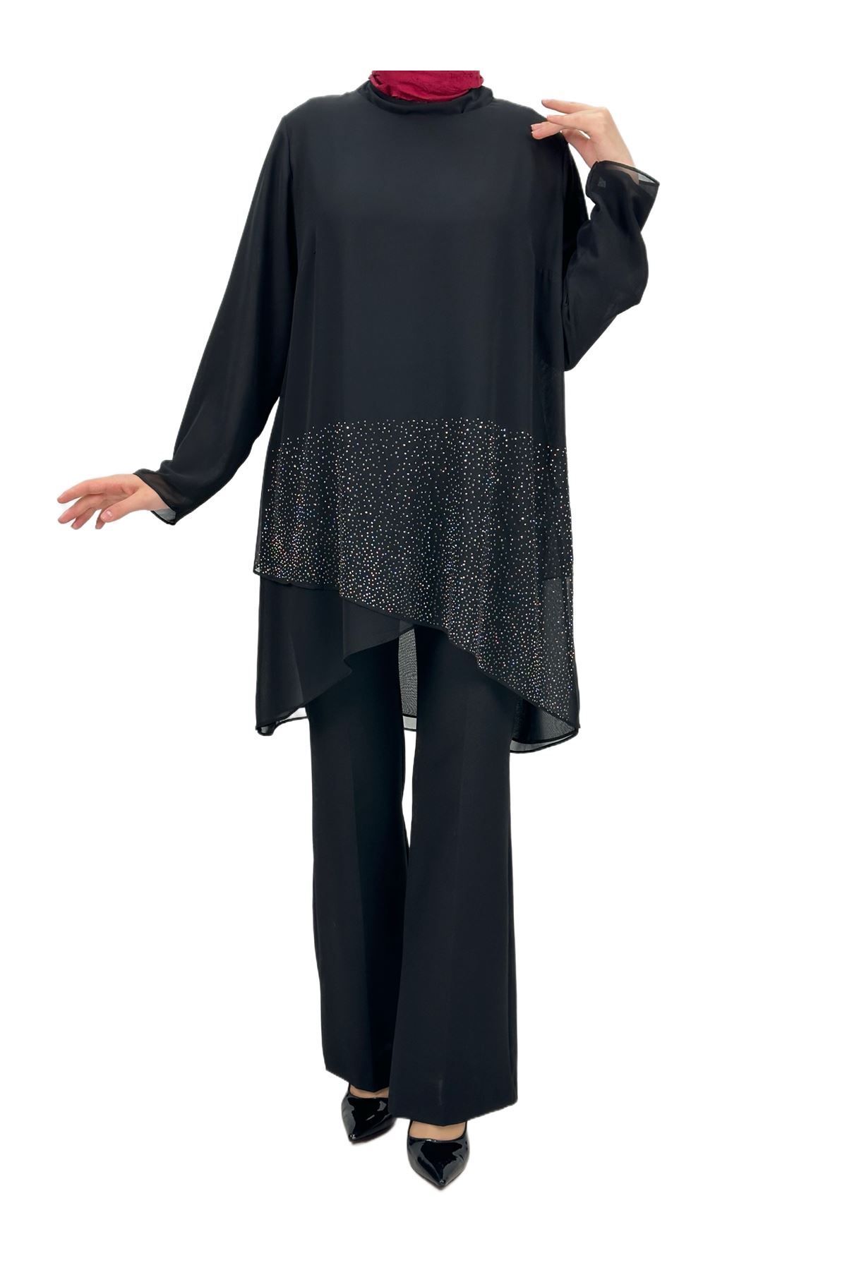 ottoman wear OTW60432 Büyük Beden Taşlı Şifon Tunik Siyah