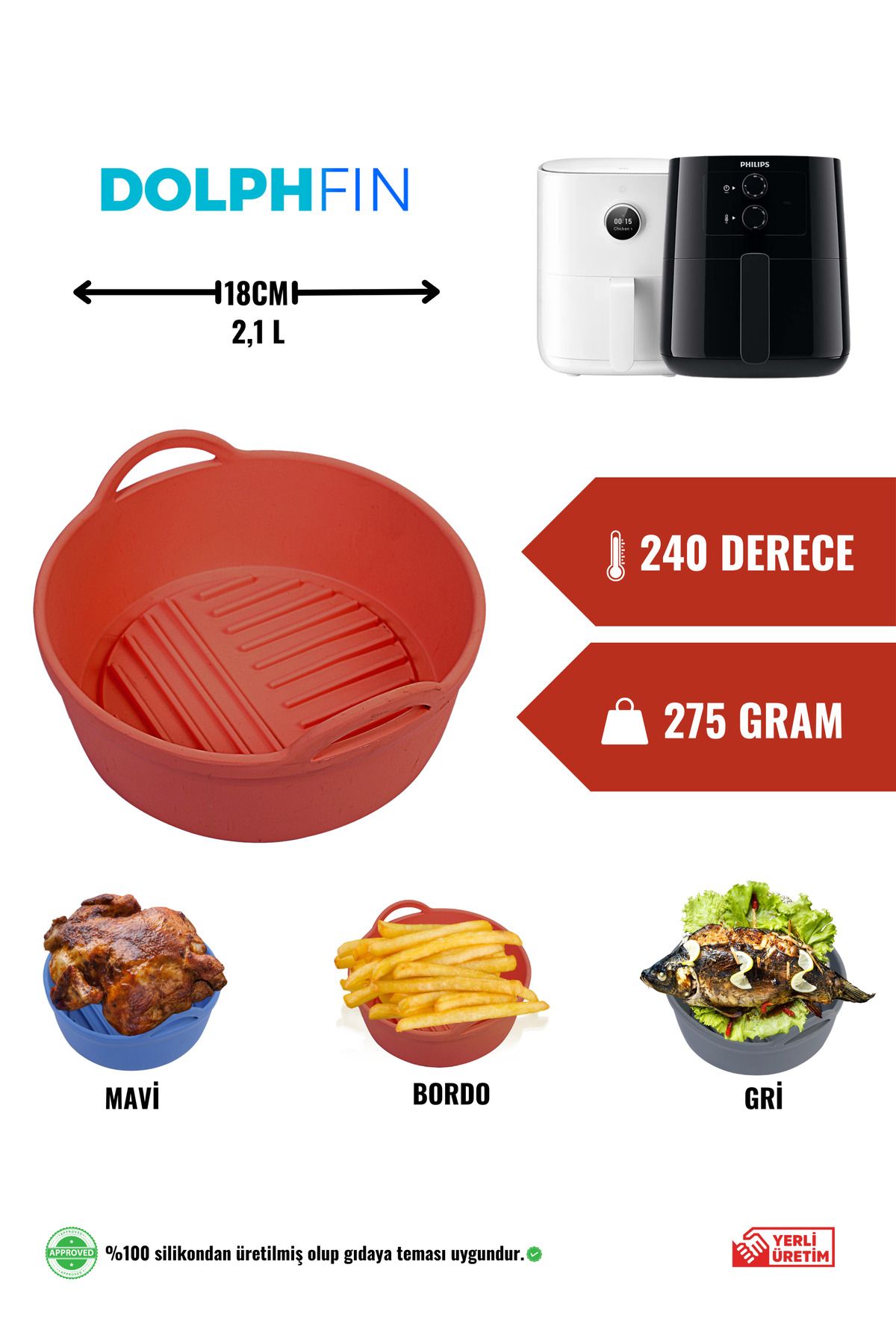 DolphFin Air Fryer Silikon Pişirme Kabı Yemek Ve Kek Kalıbı Xiaomi 3,5l Ve Philips 4,1l Uyumlu Özel Tasarım