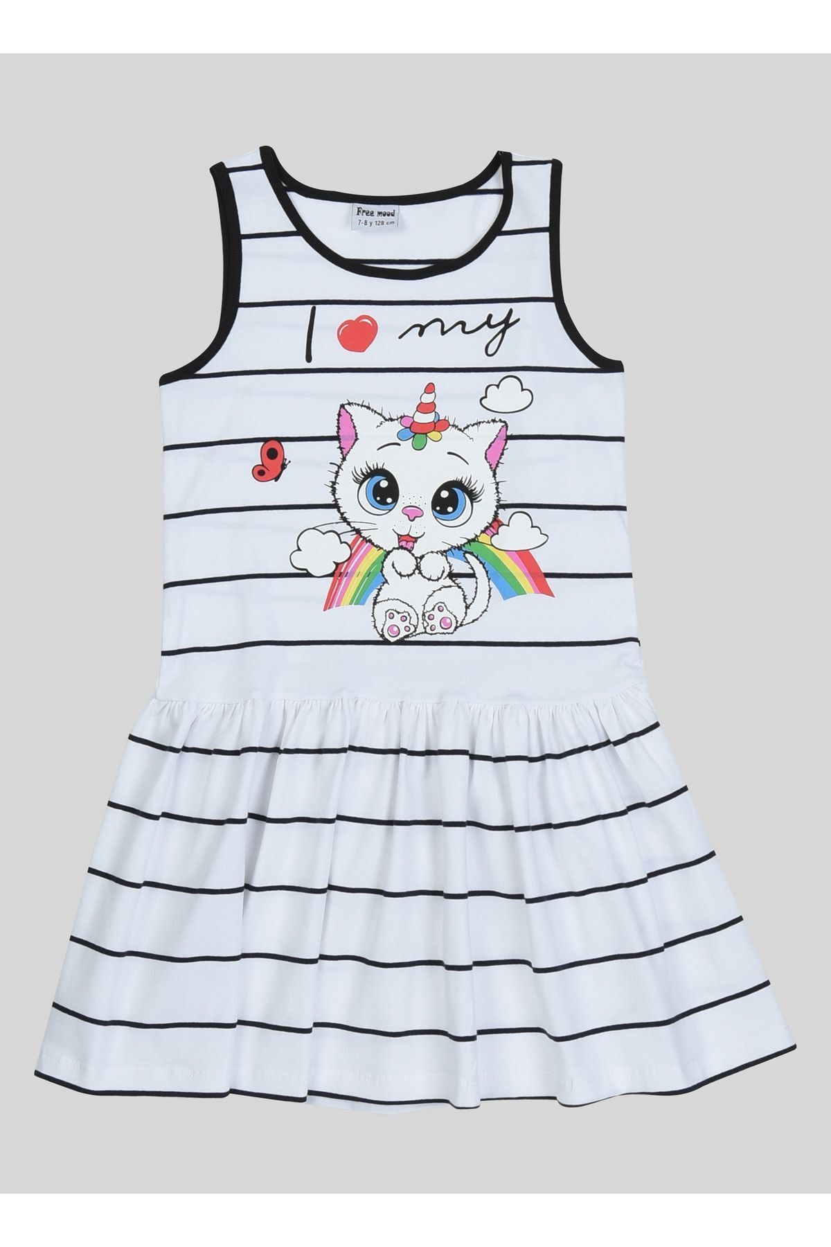 Freemood Kız Çocuk Kedi Baskılı Çizgili Elbise