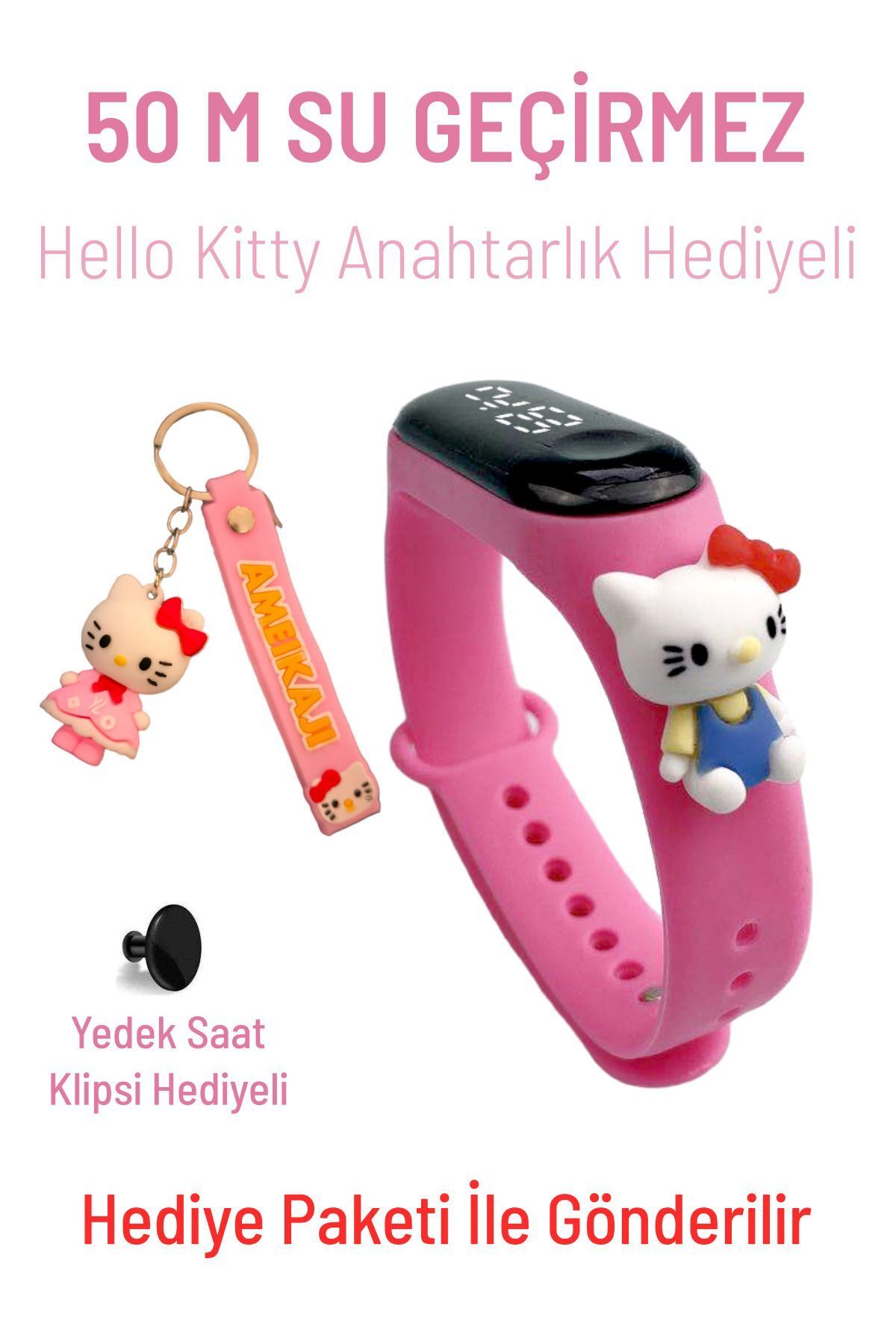 Q-TİME Hello Kitty Figürlü Led Dokunmatik Ekranlı Su Geçirmez Dijital Çocuk Kol Saati (Anahtarlık Hediyeli)