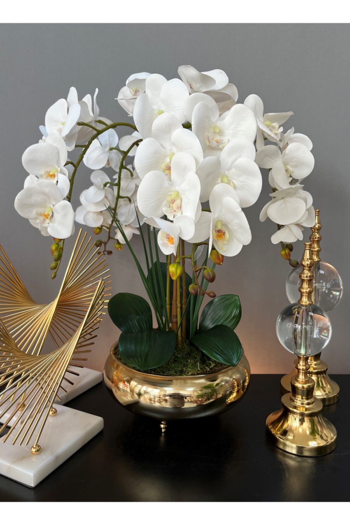 LİLOTEHOME Yapay Islak Luxury Beyaz Orkide 4 Dal Aranjman Parlak Gold Ufo Saksı