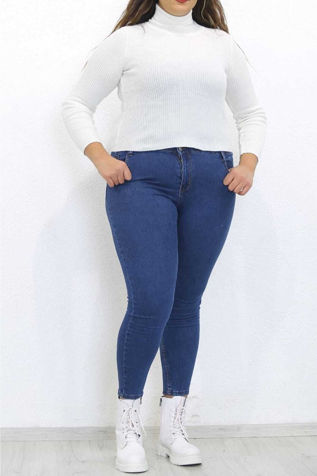 Lixera Büyük Beden Battal Koyu Mavi Yüksek Bel Likralı Jeans Pantolon (TOPARLAYICI)