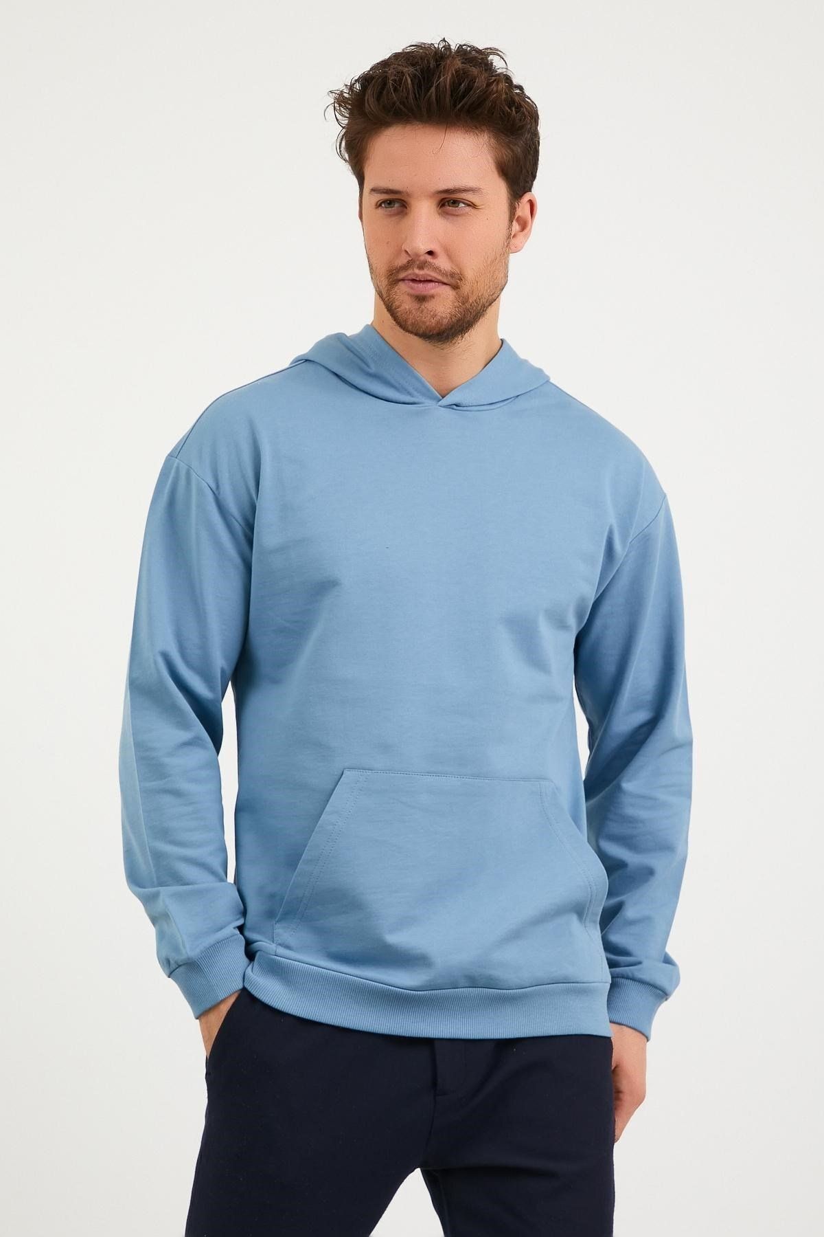 odelon Erkek Kanguru Cepli Rahat Kalıp Kapüşonlu Spor Sweatshirt Mint