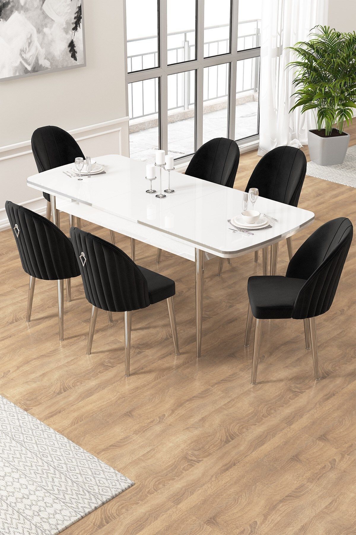 Canisa Edaf Serisi 80x132 Açılabilir Beyaz Mutfak Masa Takımı 6 Siyah Sandalye Krom Detay