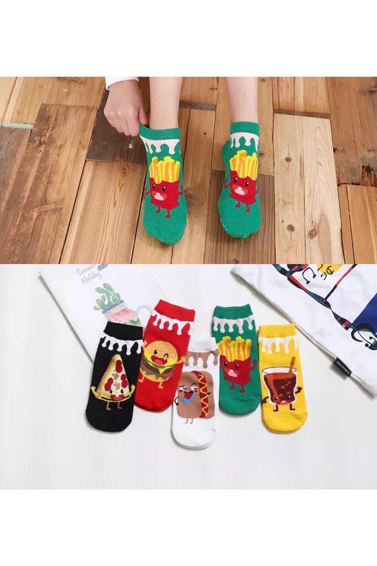 dm del more 5 Çift Kadın Komik Mutlu Karikatür Desenli Yıkamalı Patik Bilek Çorap