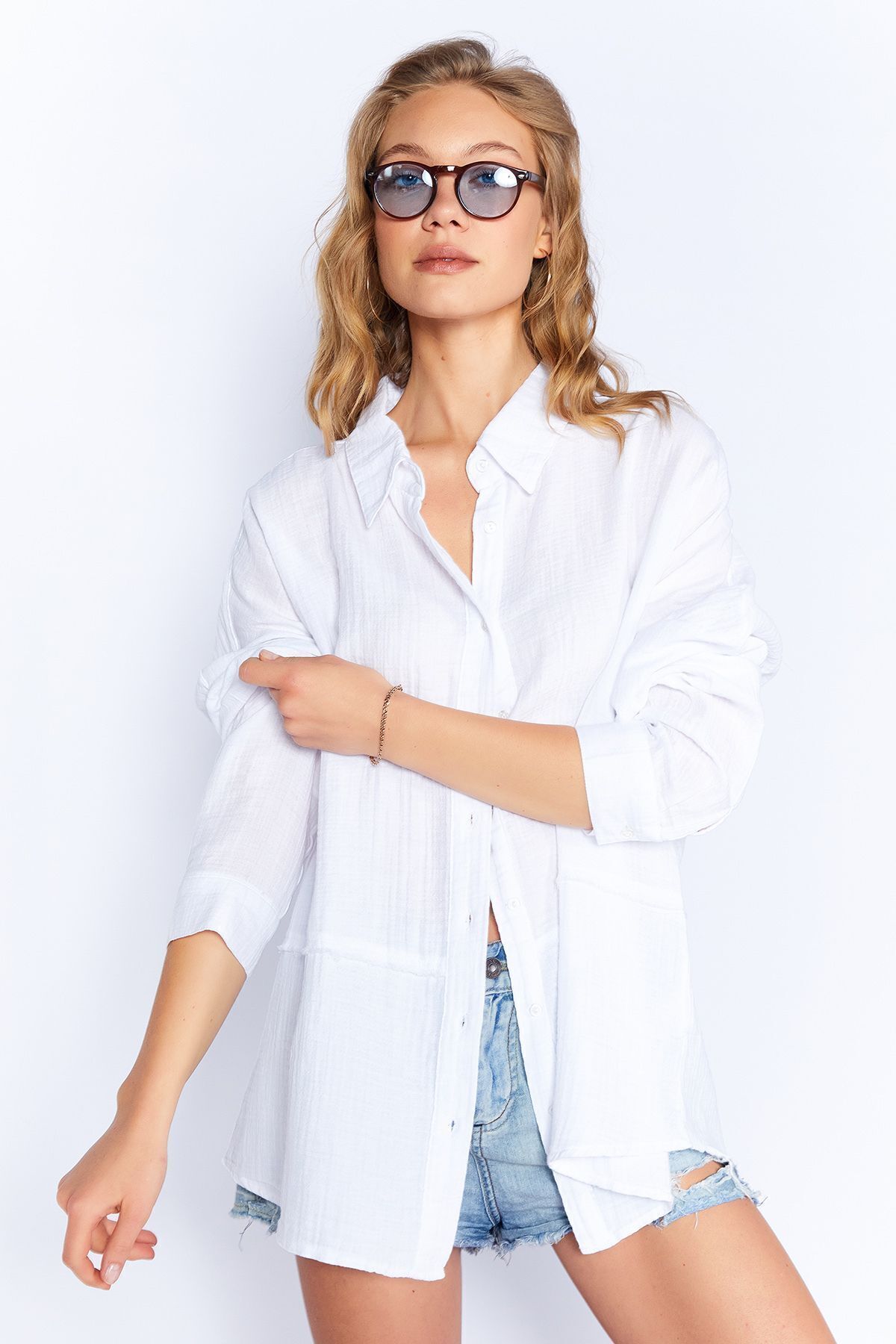EDITION Beyaz Müslin Uzun Yıkamalı Oversize Rahat Kalıp Parçalı Kadın Düz Basic Gömlek| Edi100166905-6905