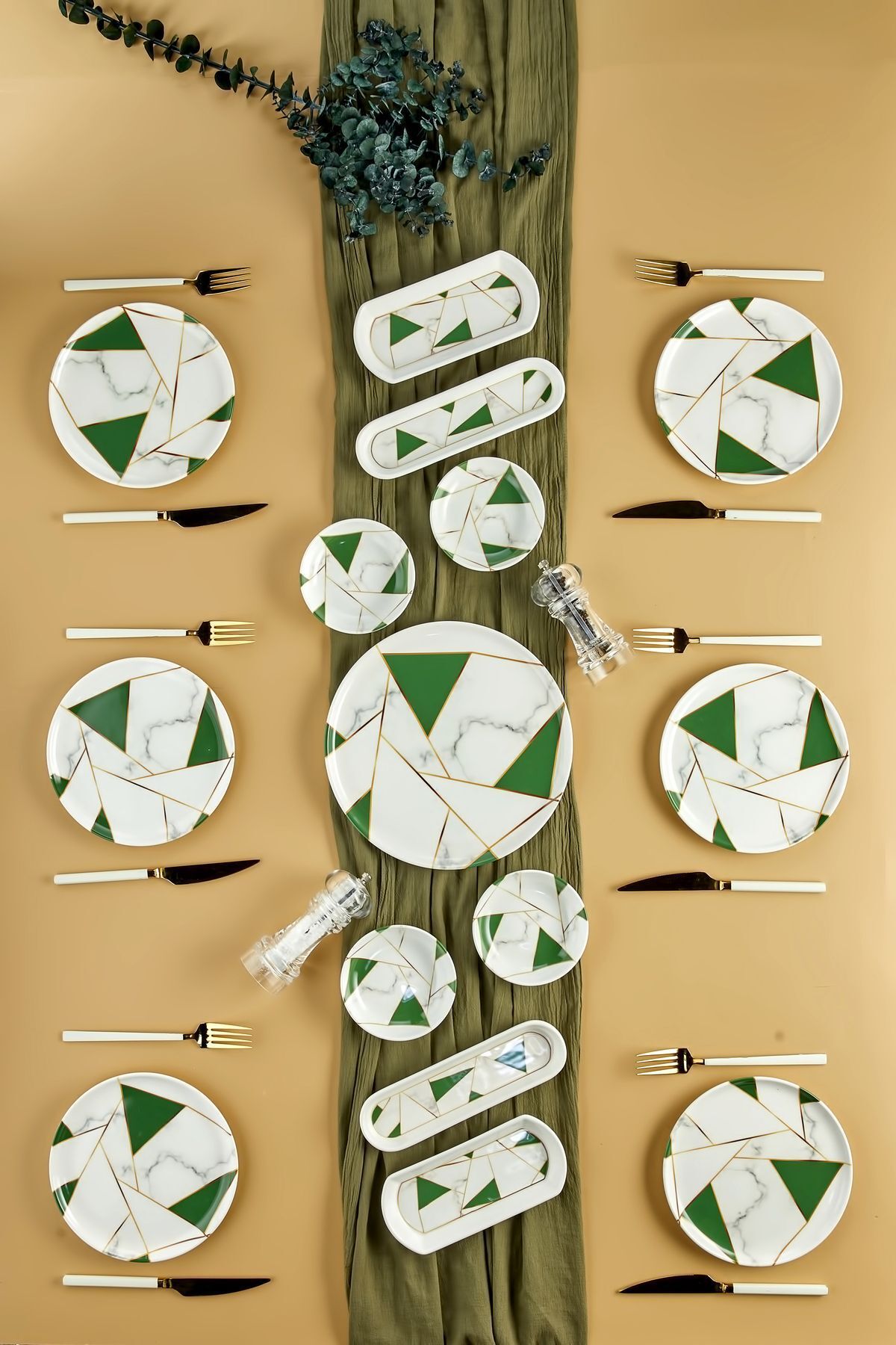 Babion Lüx Seramik Zümrüt Yeşili Mozaik Mermer 15 Parça 6 Kişilik Kahvaltı Takımı Seti