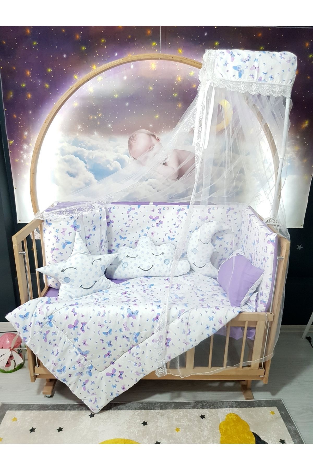 Baby Clime 60x120 Bebek Uyku Seti - Cibinlik Ve Aparatı - Mor Kelebek Desen 106-93