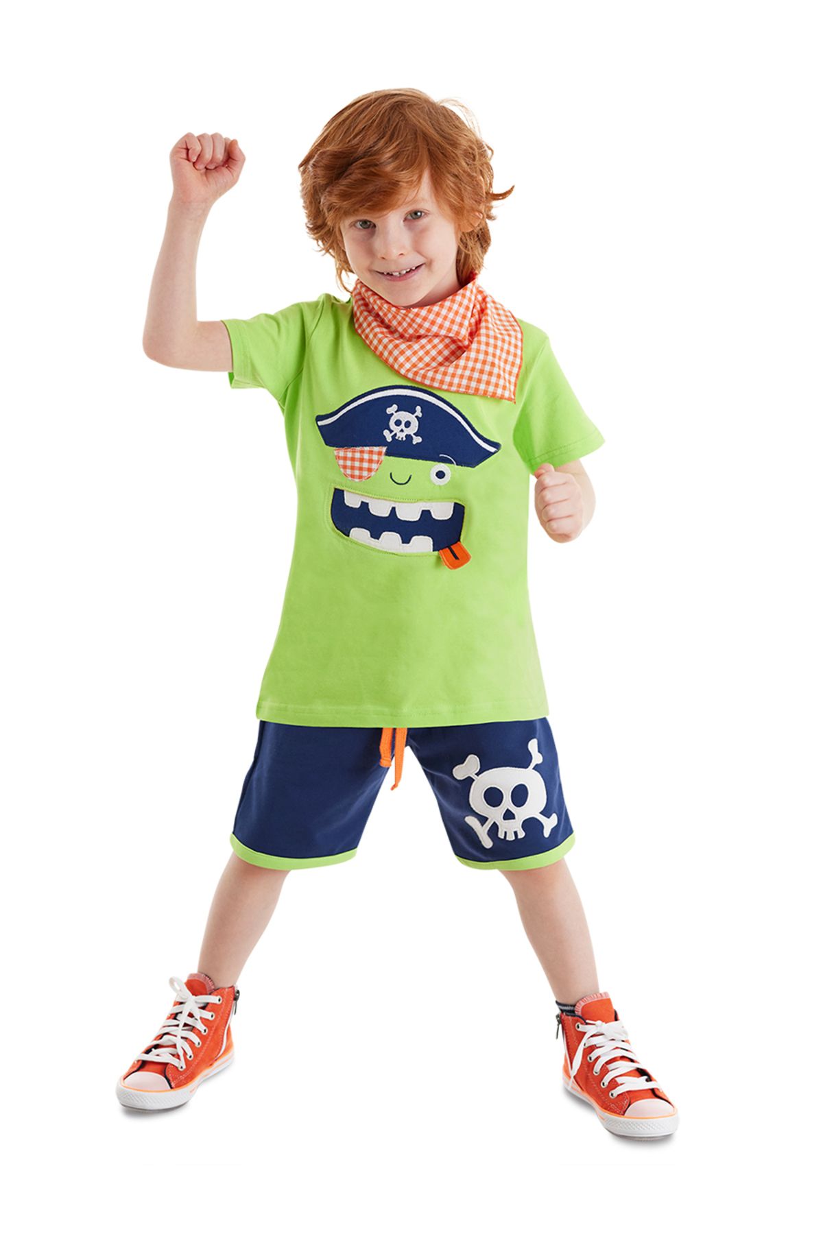 Denokids 3D Yeşil Korsan Çocuk Yazlık T-shirt Şort Bandana Takım