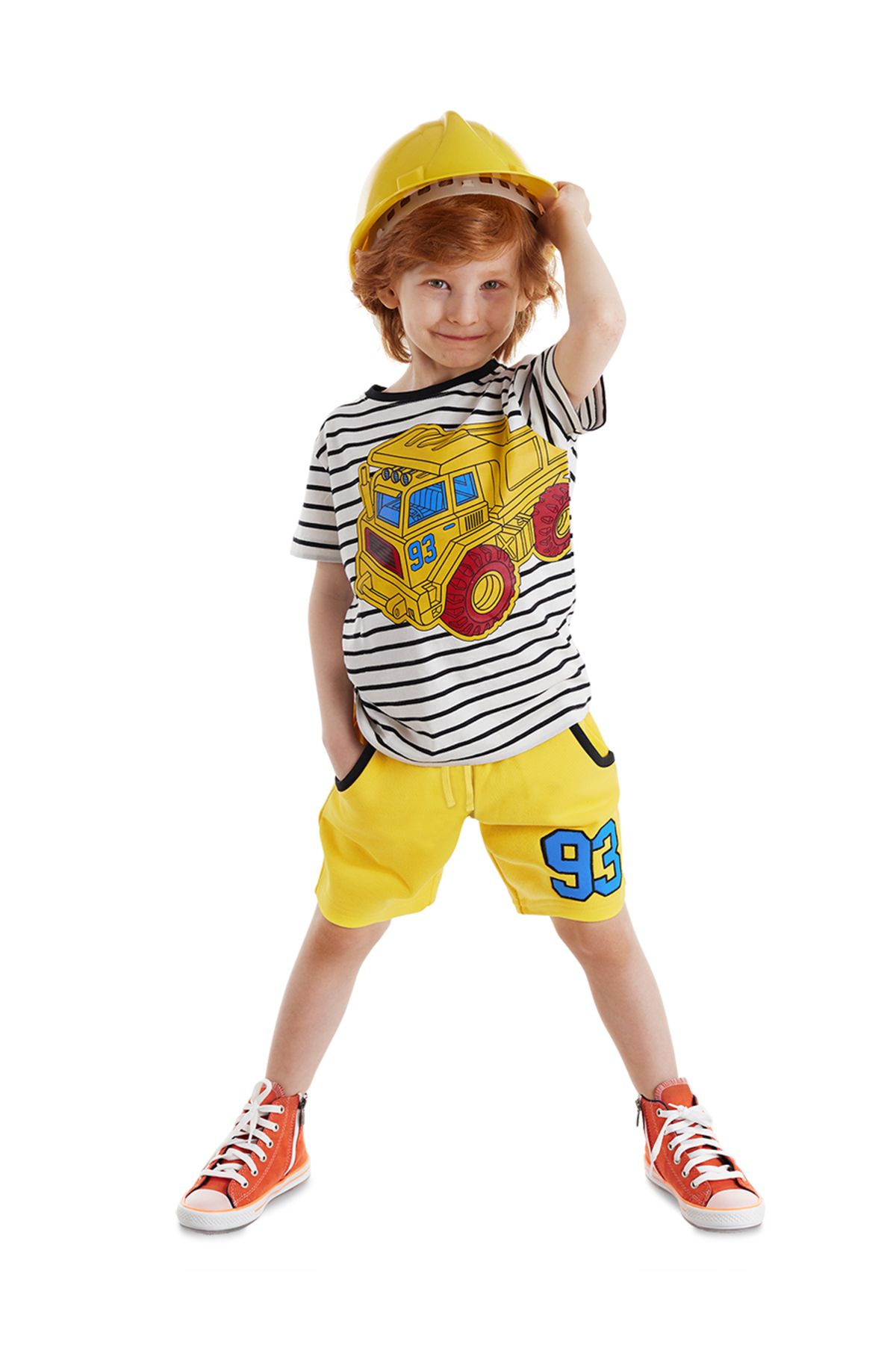 Denokids 93 Truck Çizgili Sarı Erkek Çocuk Yazlık T-shirt ve Şort Takım