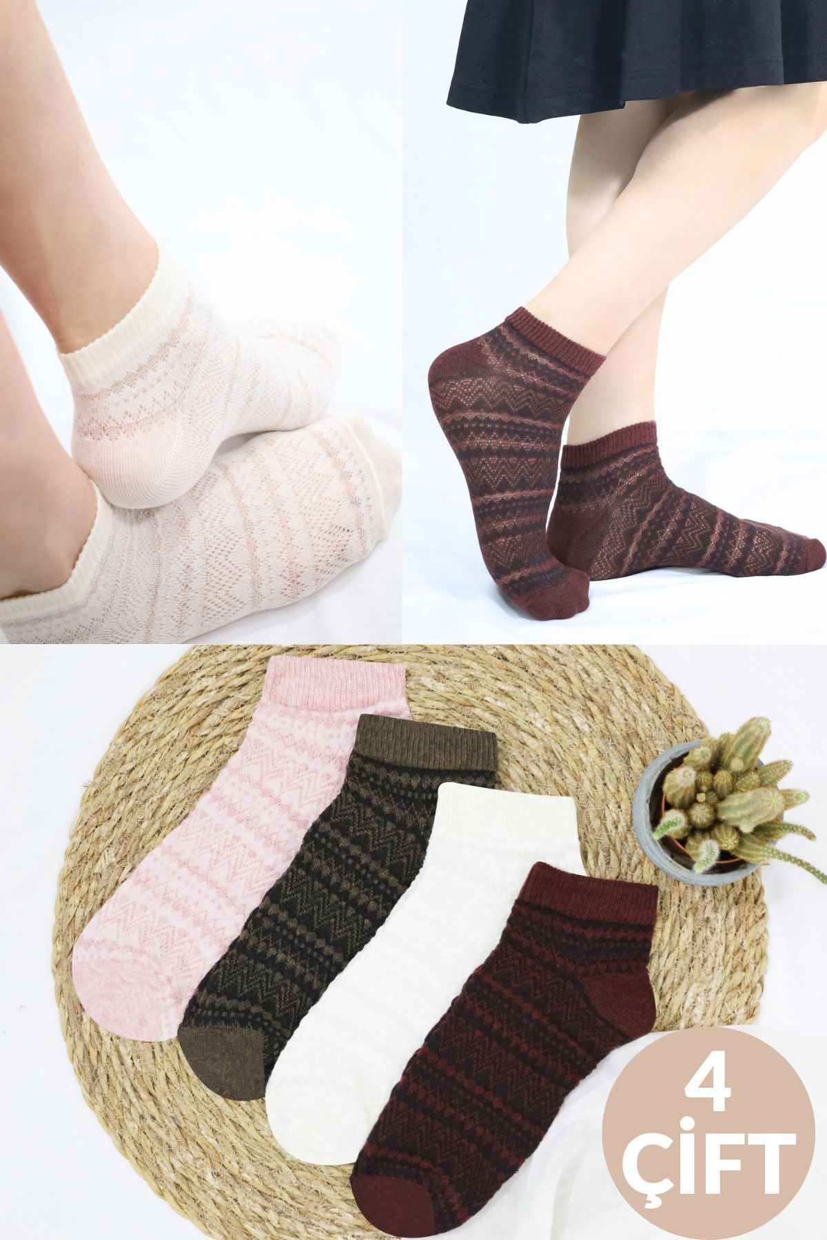 Miss Lana Kadın Çorap Renkli (4 ÇİFT) Likralı Pamuklu Yıldızlı Tül Penye Patik Kadın Çorabı