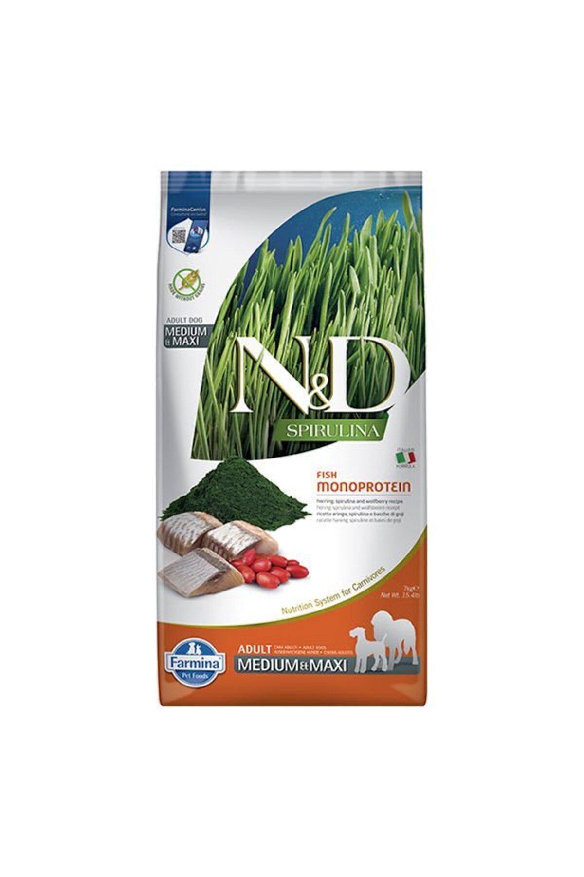 N & D Spirulina Ringa Balıklı Medium Maxi Yetişkin Köpek Maması 7 Kg