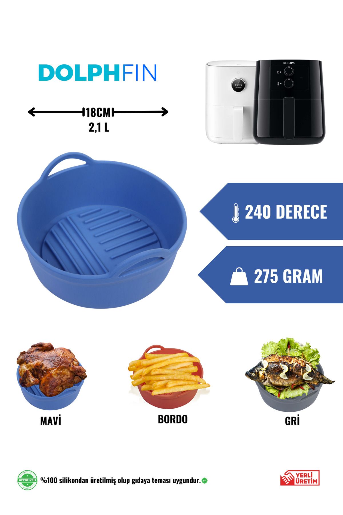 DolphFin Air Fryer Silikon Pişirme Kabı Yemek Ve Kek Kalıbı Xiaomi 3,5l Ve Philips 4,1l Uyumlu Özel Tasarım