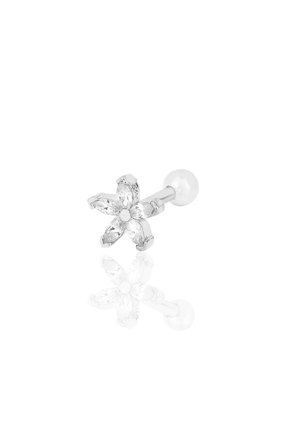 Söğütlü Silver Gümüş Rodyumlu Zirkon Taşlı Çiçek Modeli Tragus Helix Piercing Küpe