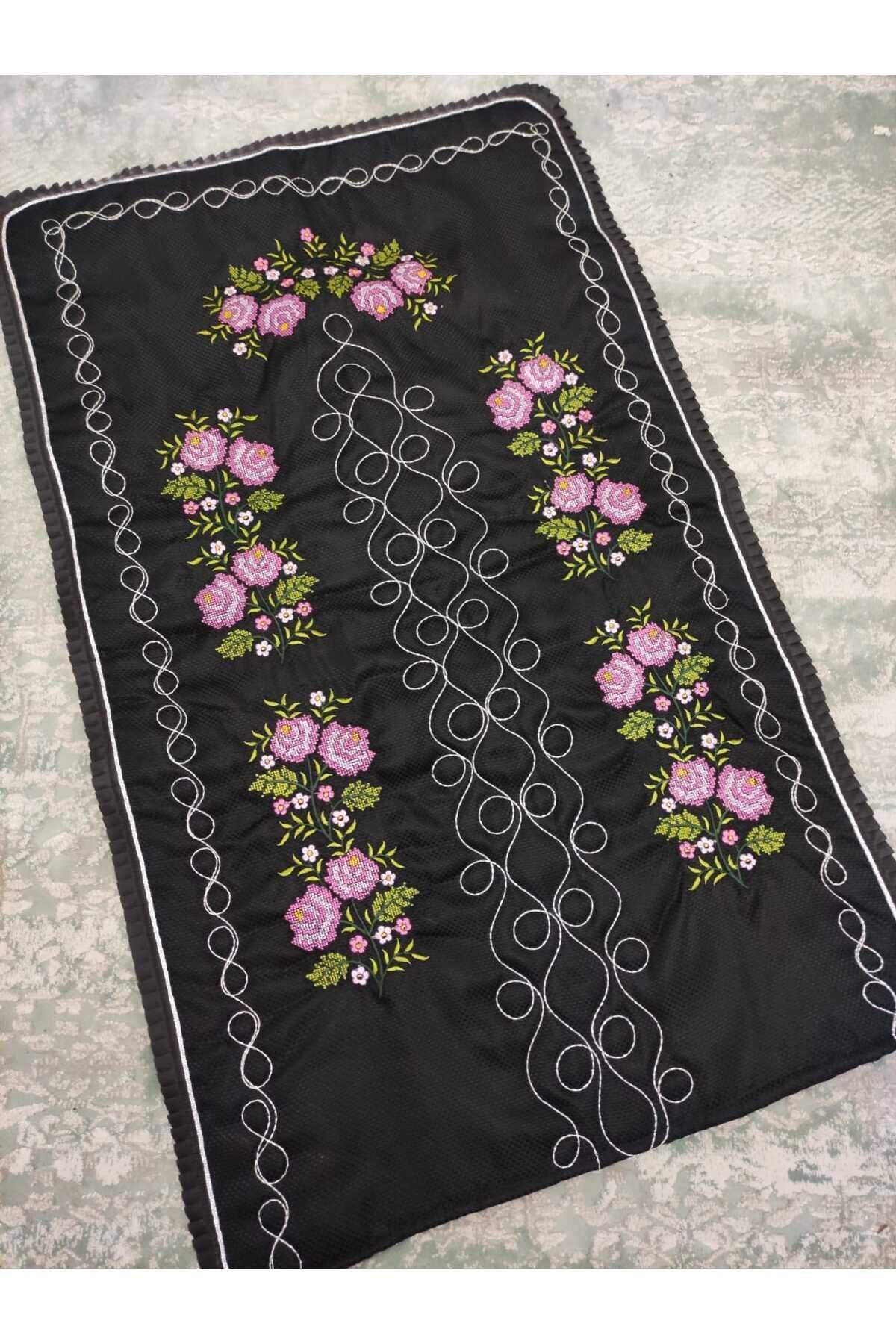 Çt Çeyizci Tekstil Kanaviçe Işlemeli Etamin Kumaş Tek Seccade - Siyah