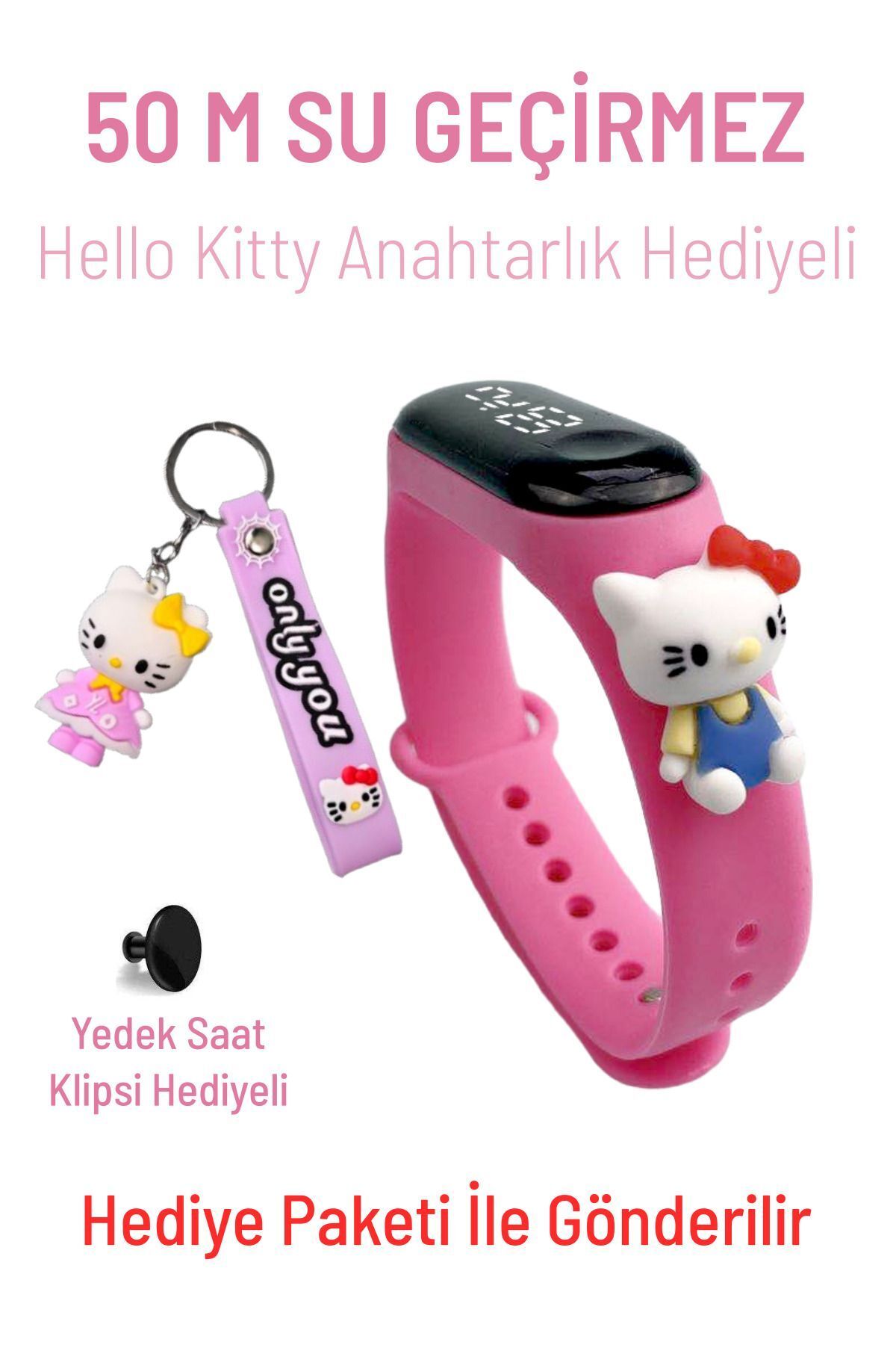 Q-TİME Hello Kitty Figürlü Led Dokunmatik Ekranlı Su Geçirmez Dijital Çocuk Kol Saati (Anahtarlık Hediyeli)