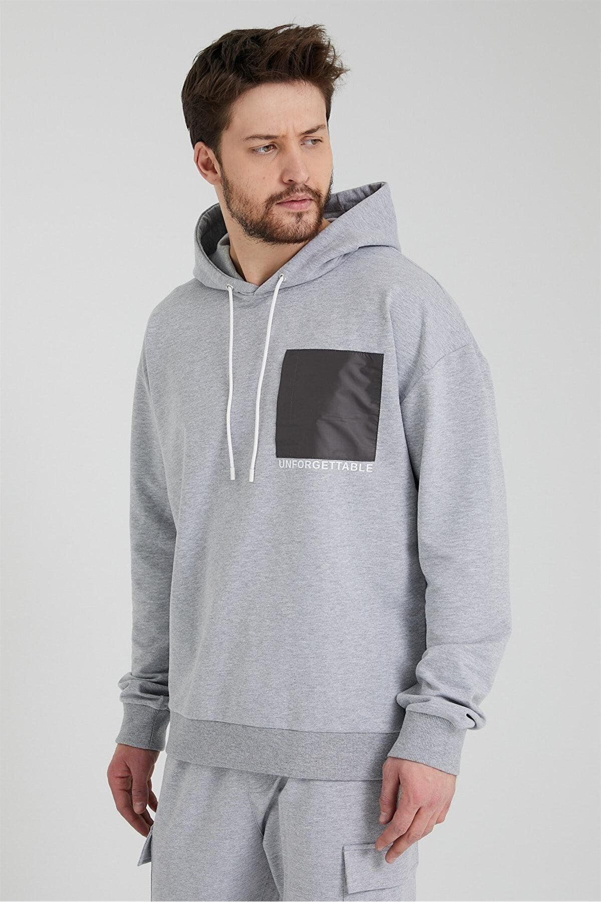 odelon Erkek Oversize Kapüşonlu Sweatshirt Gri