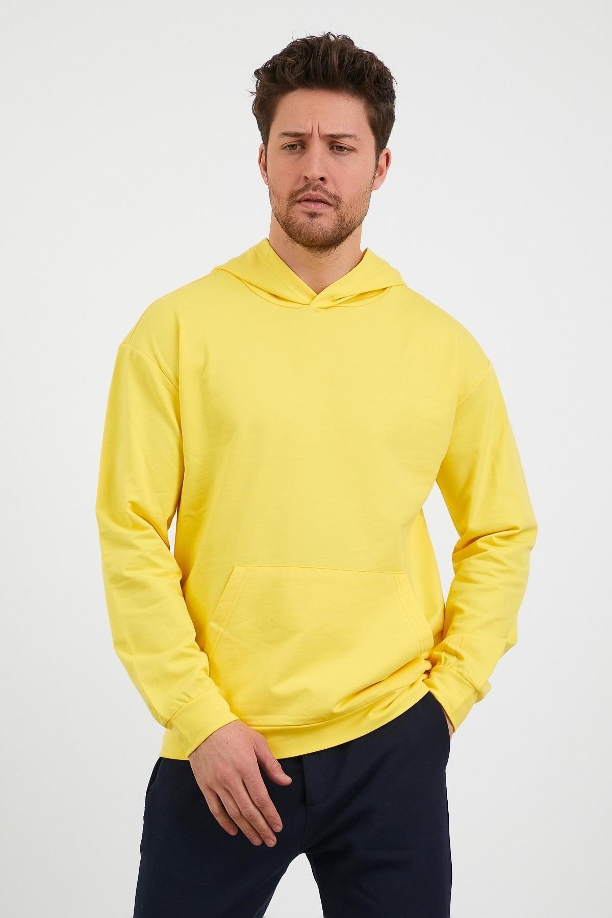 odelon Erkek Kanguru Cepli Rahat Kalıp Kapüşonlu Spor Sweatshirt Sarı