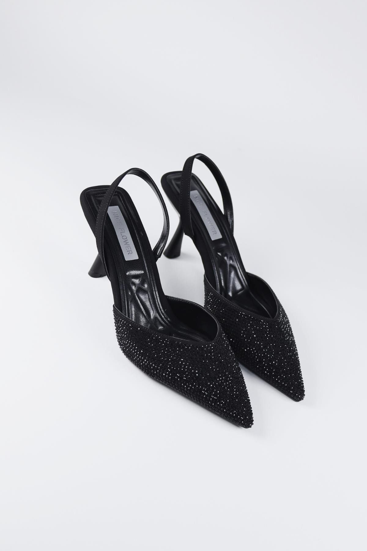 NiceDiffer Kadın Siyah Taş Detaylı Kumaş Abiye Stiletto Topuklu Ayakkabı