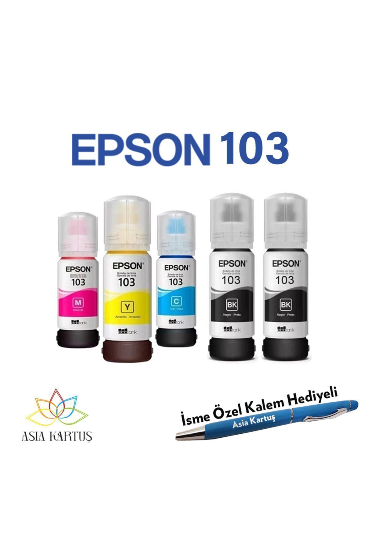 Epson EcoTank L3250 Uyumlu, Epson 103 (CMYK+BK) 5 Renk Mürekkep Kalem Hediyeli Kartuş Seti
