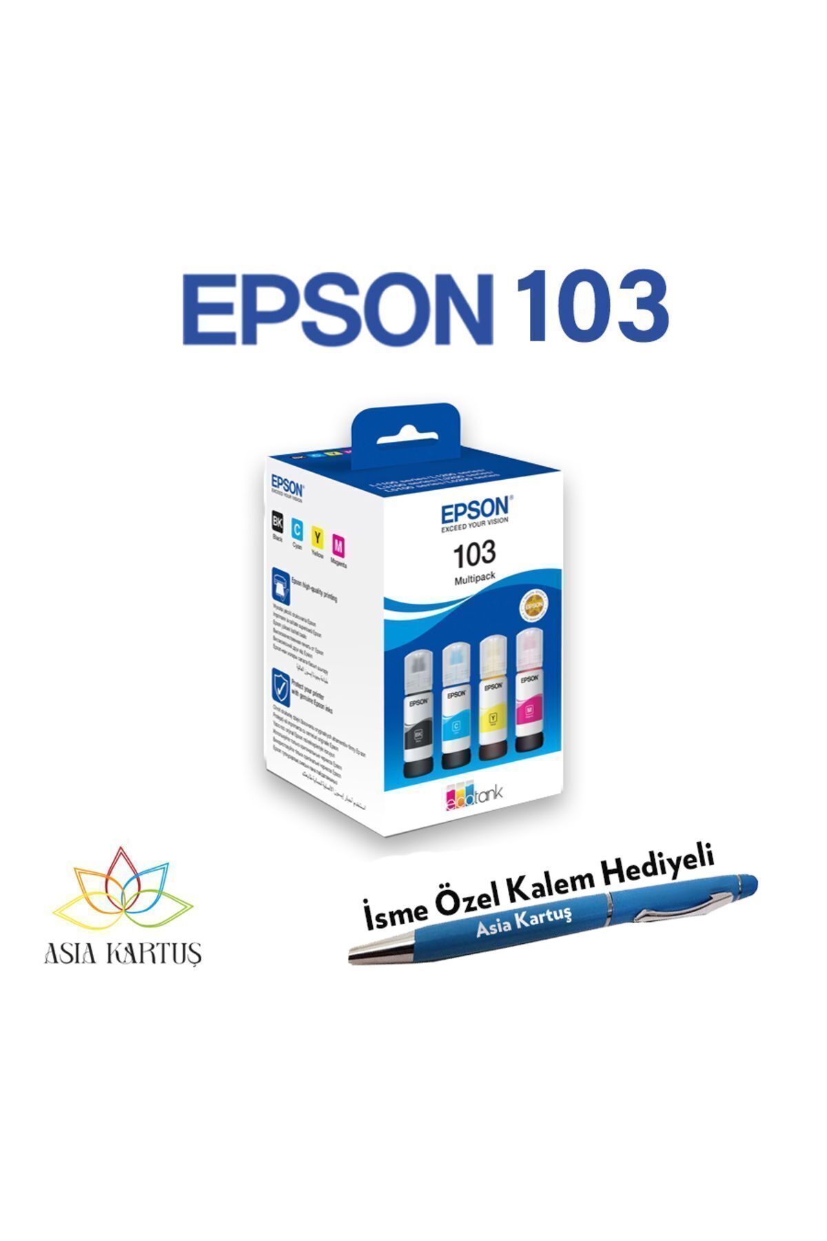 Epson T103 Multipack Kutulu Kalem Hediyeli Mürekkep, Epson EcoTank L3256 yazıcı Uyumlu Set Kartuş