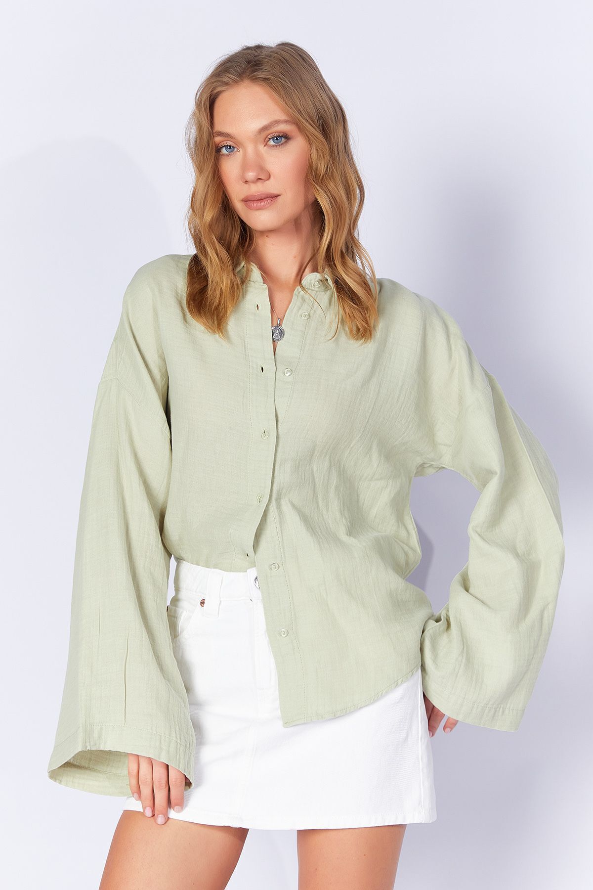 EDITION Çağla Yeşil Kolları Salaş Yıkamalı Müslin Oversize Rahat Kalıp Kadın Basic Gömlek| Mks166881-01-6881