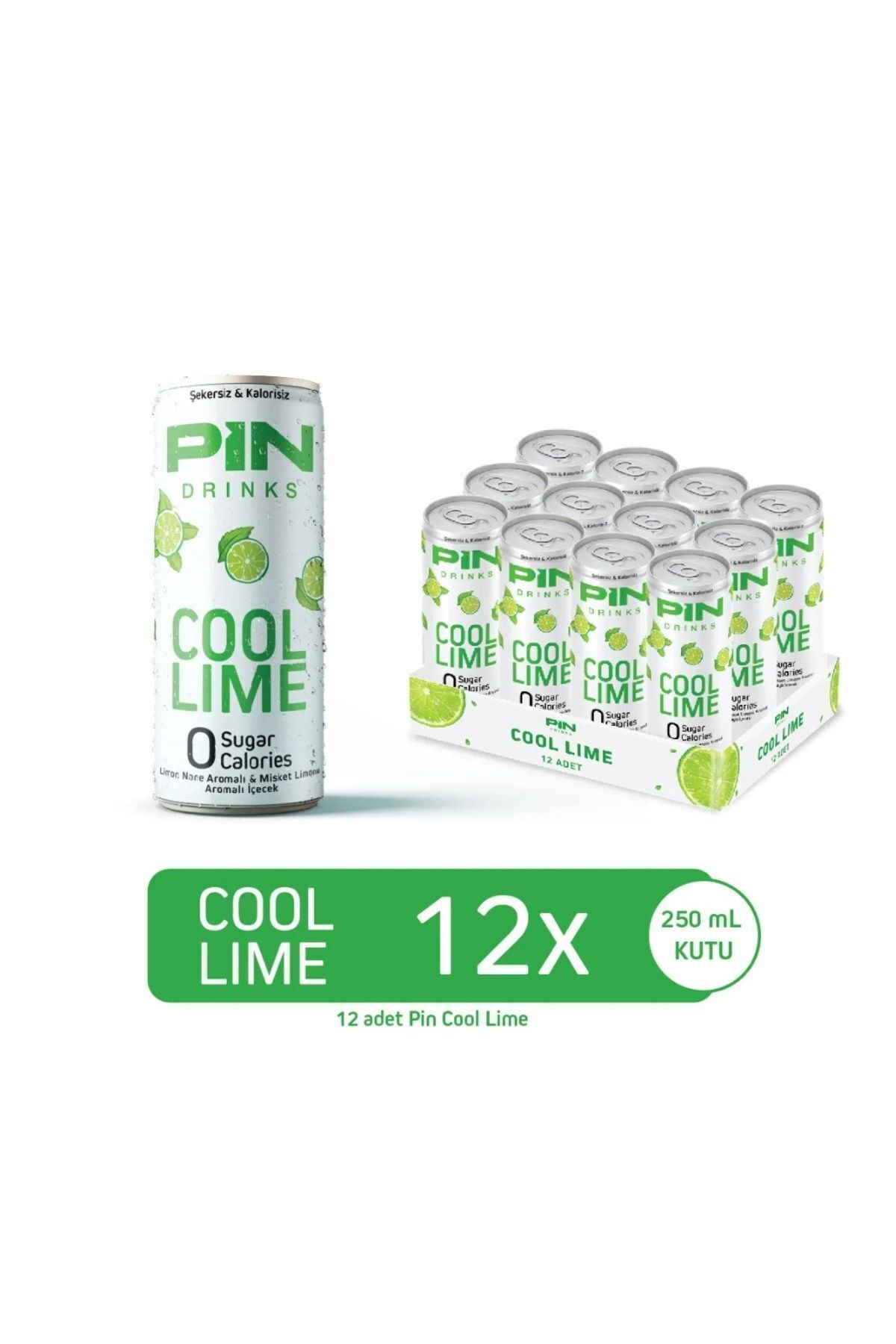 Pin Cool Lime Teneke Kutu - Şekersiz & Kalorisiz 250 ml X 12 Adet