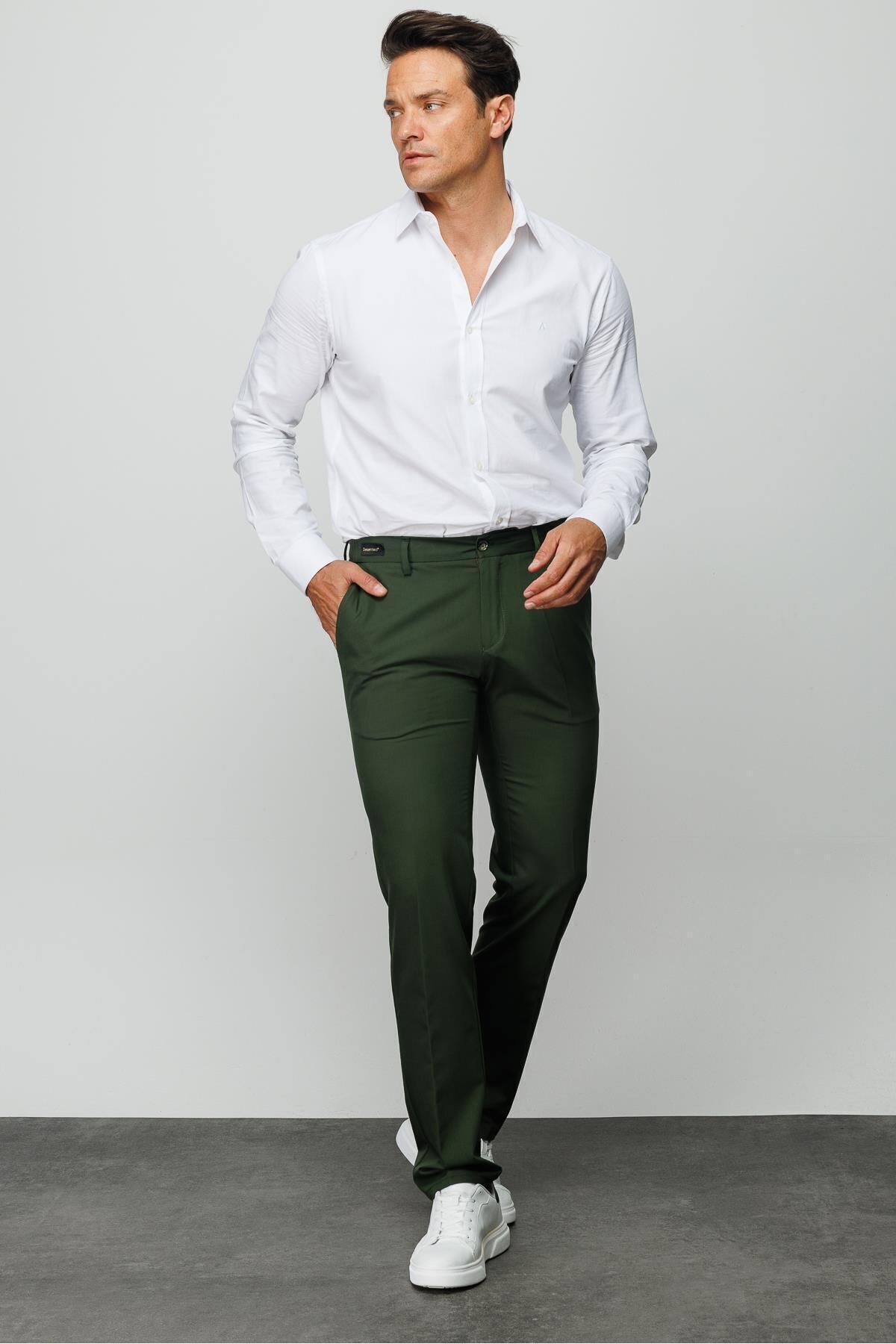 Desen Triko Erkek Beli Lastikli Yan Cepli Koton Pantolon Yeşil