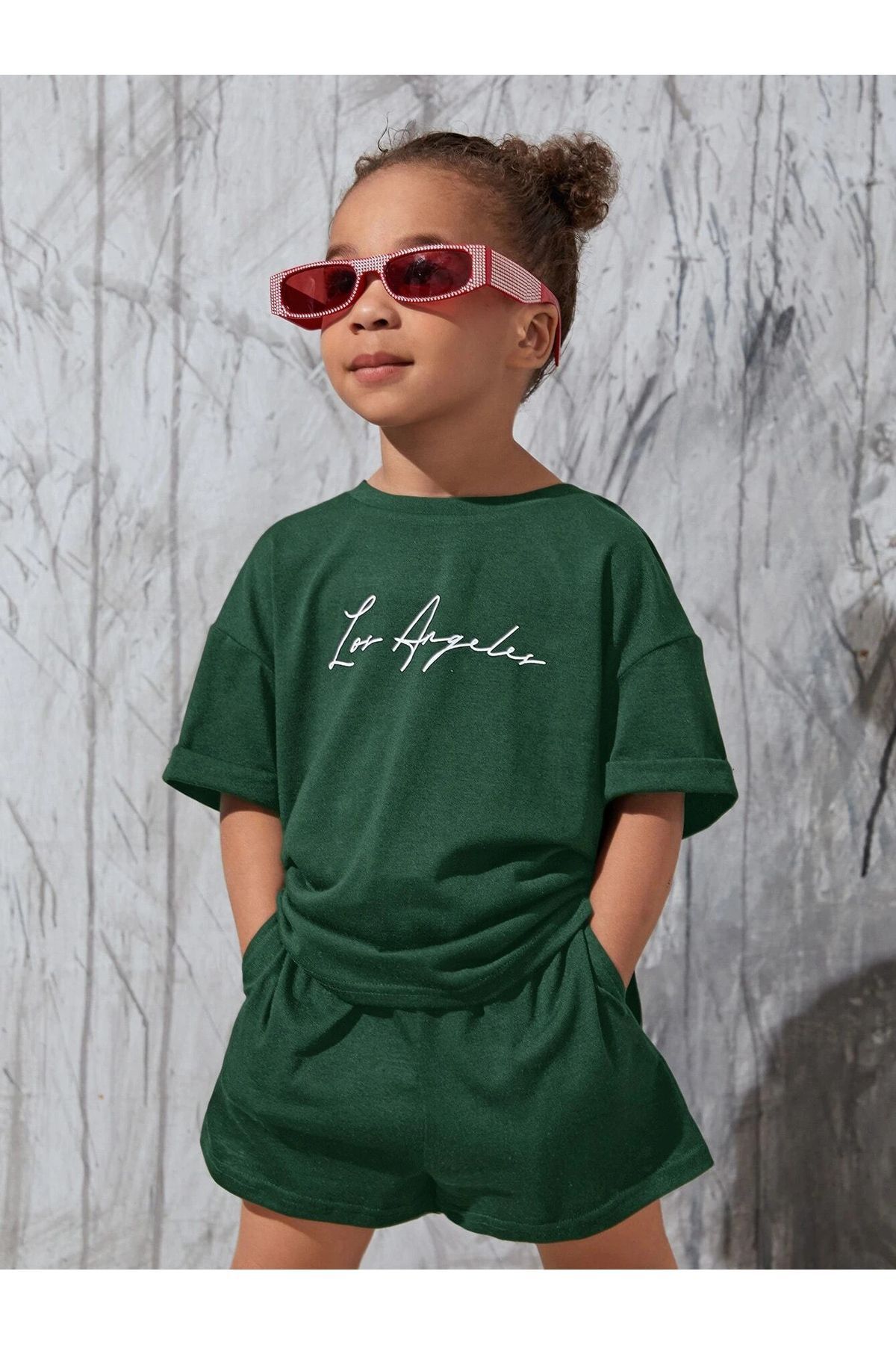 DUBU BUTİK Los Angeles Yazı Baskılı Nefti Yeşil Çocuk Şort T-shirt Takım-kız Erkek Çocuk Yazlık