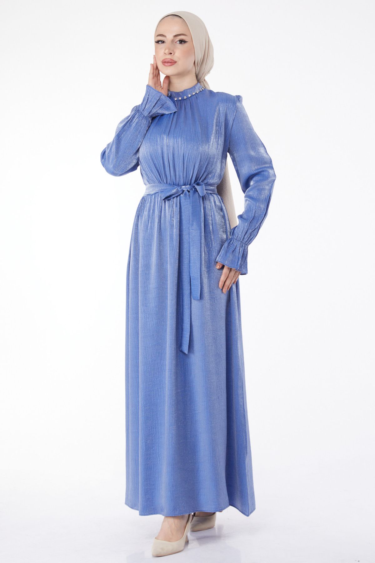TOFİSA Düz Hakim Yaka Kadın Mavi Taş Detaylı Kuşaklı Elbise - 25077